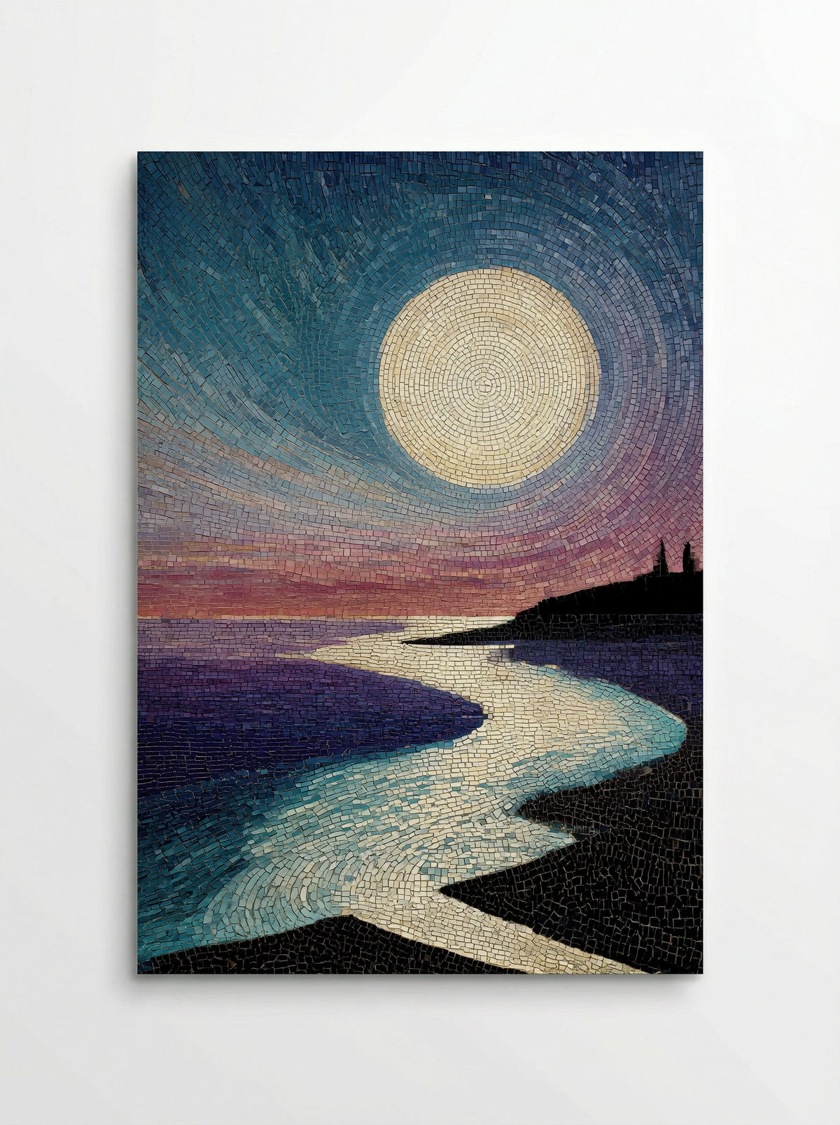 Moonlit Pavilion View - Japanese Mosaic Print - Poster