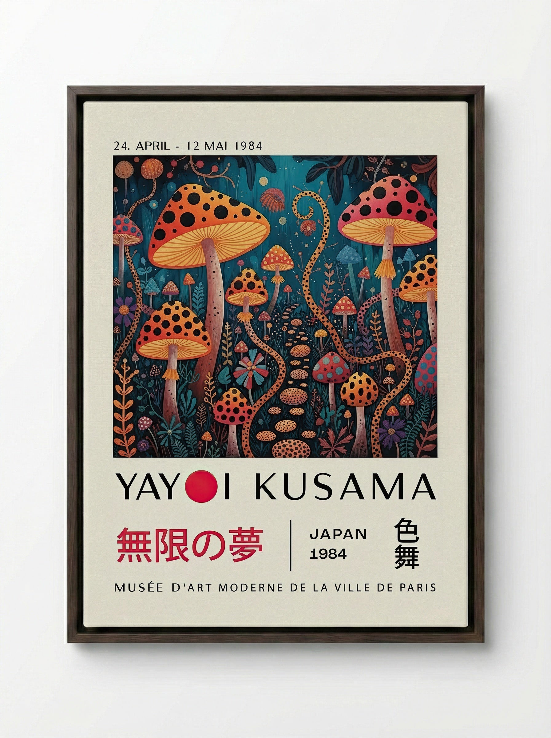Mushroom Dreamscape - Yayoi Kusama - Framed Canvas Dark Wood