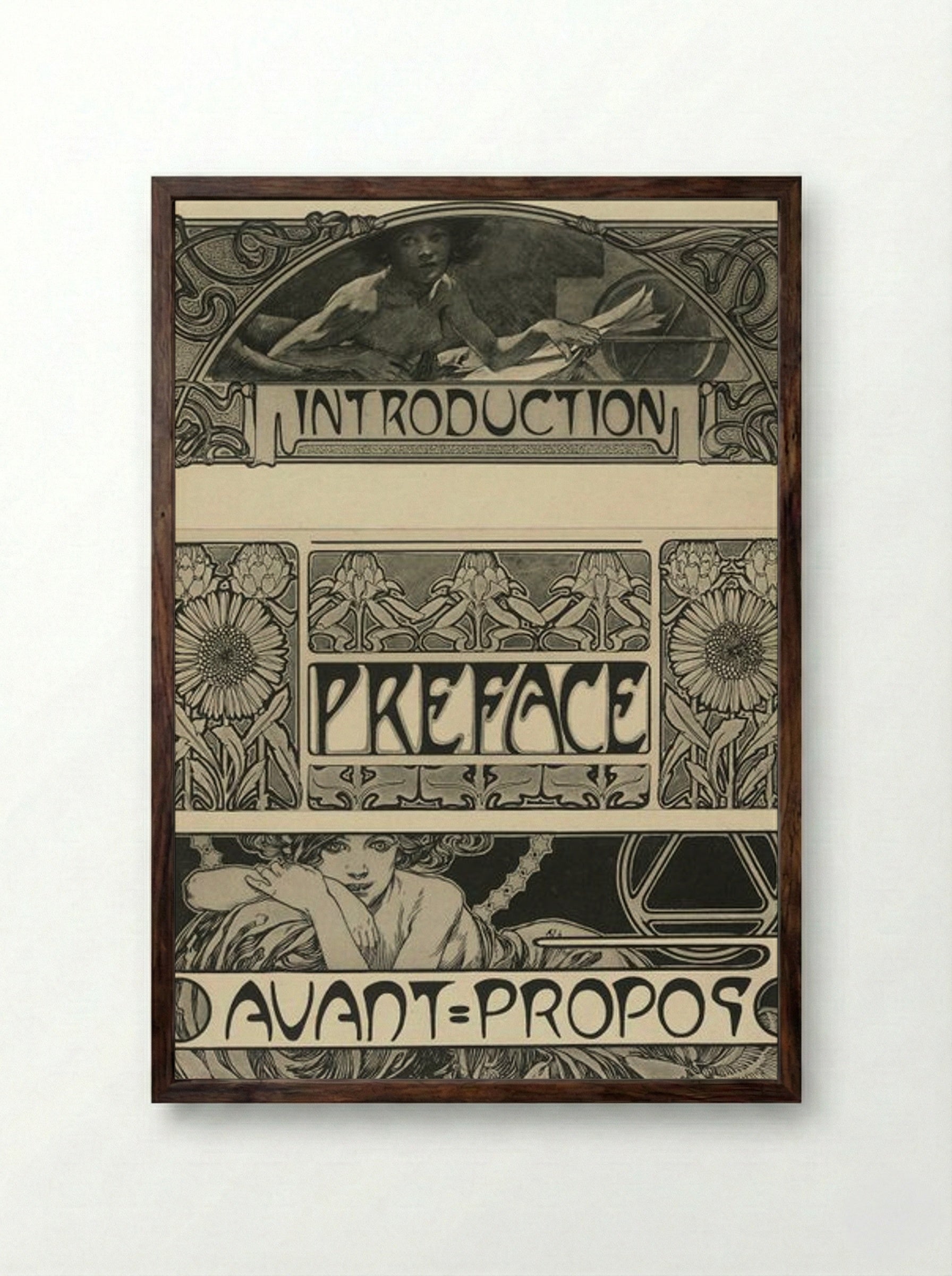 Page Design with Female Figures and Floral Motifs - Alphonse Mucha - Framed Print Dark Wood