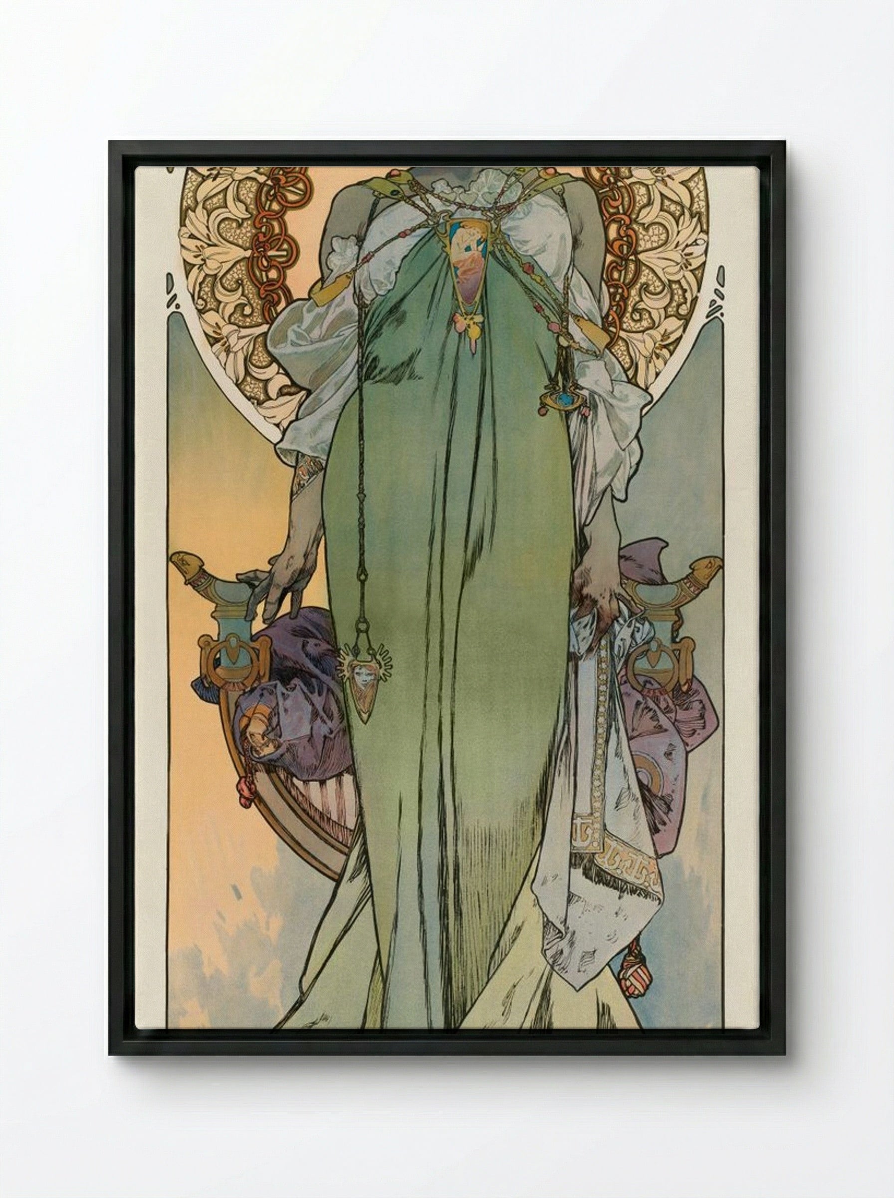 Leslie Carter - Alphonse Mucha - Framed Canvas Black