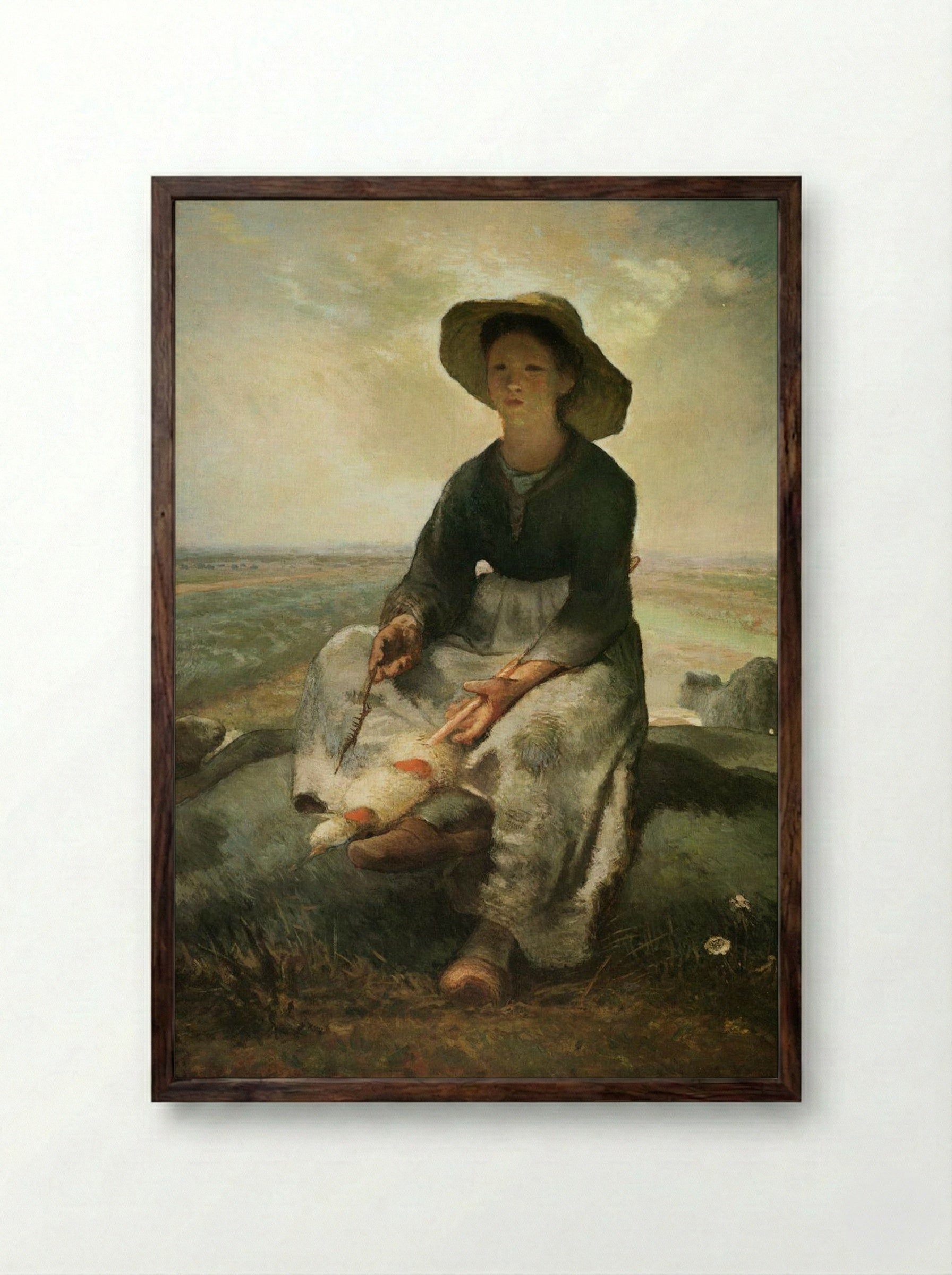 The Young Shepherdess - Jean-François Millet - Framed Print Dark Wood