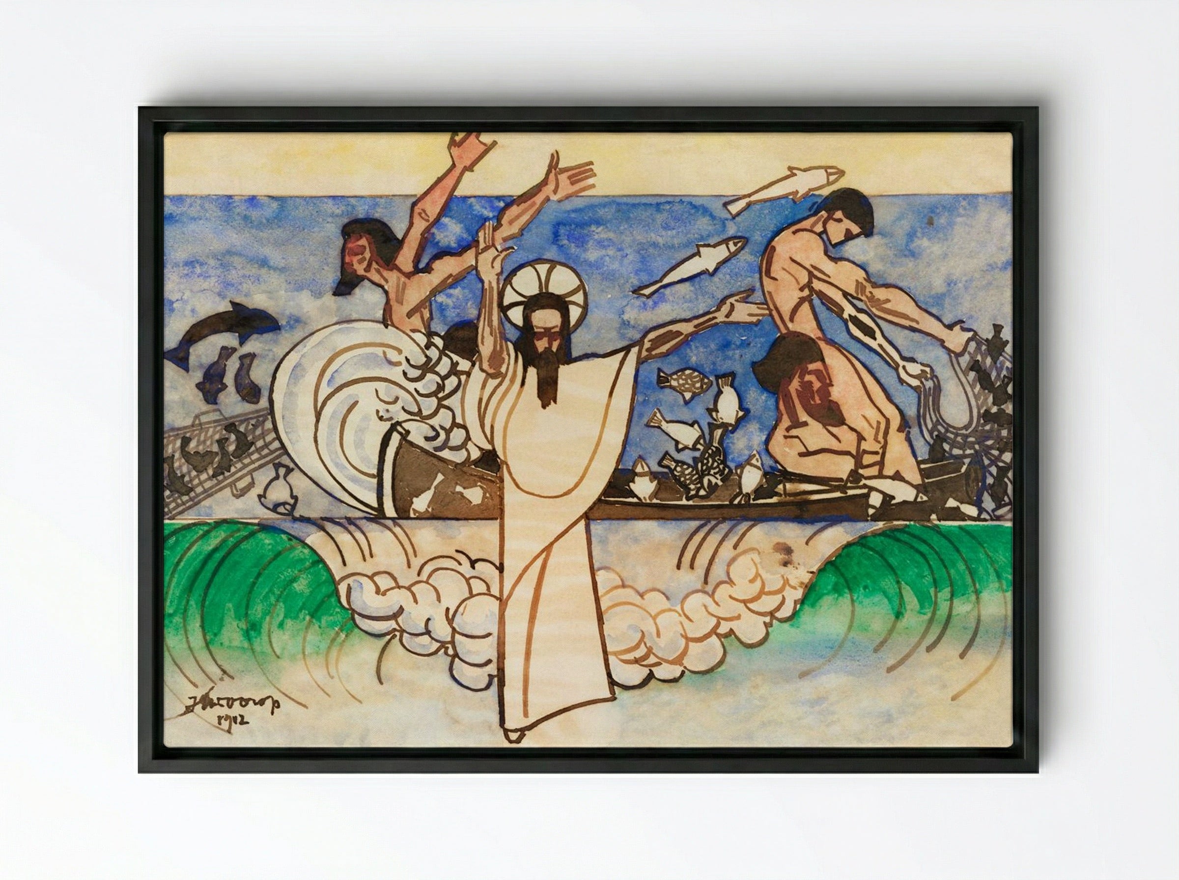 The Miraculous Catch of Fish - Jan Toorop - Framed Canvas Black