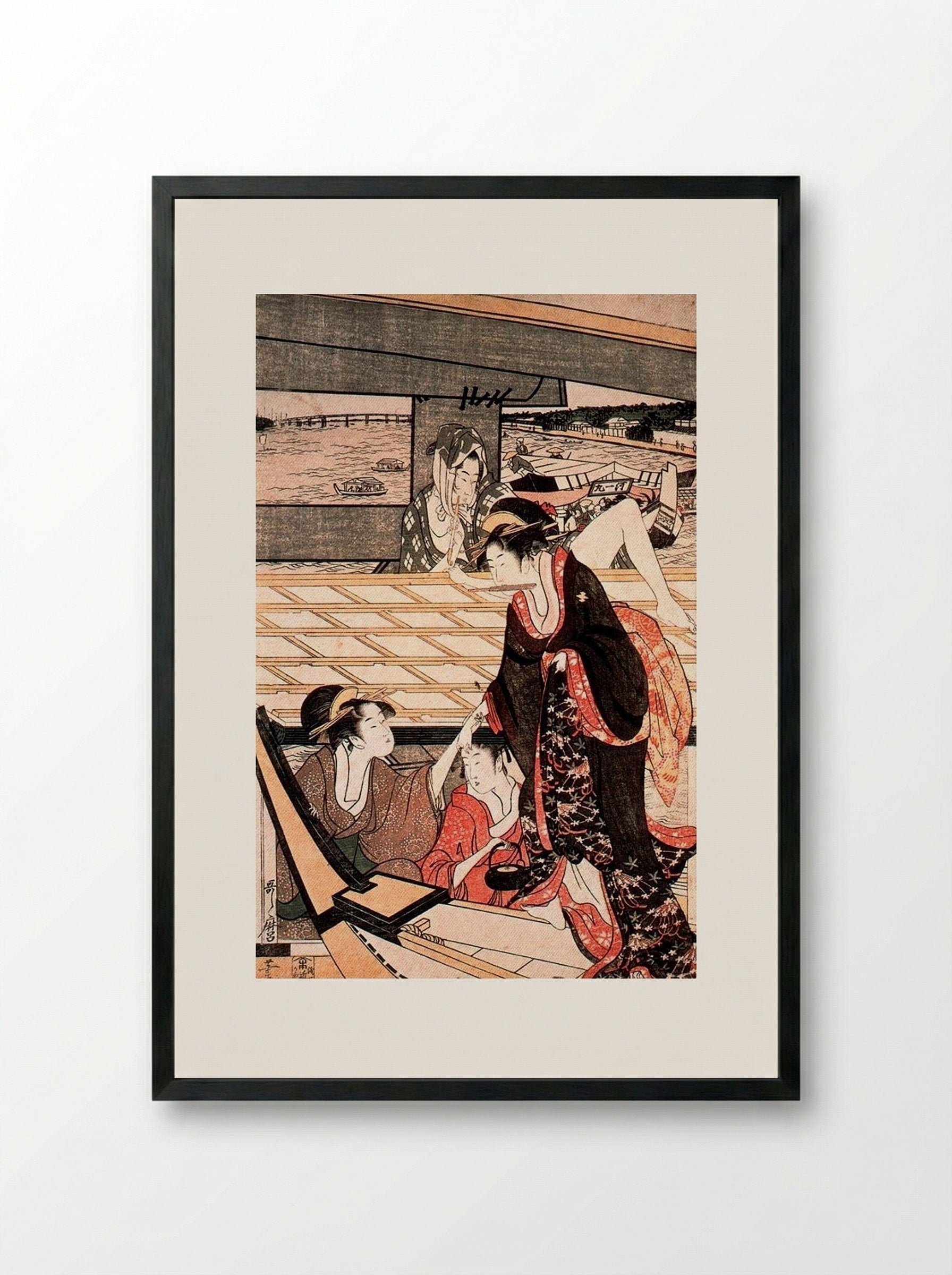 A Scene on the Bridge - Kitagawa Utamaro - Framed Print Black
