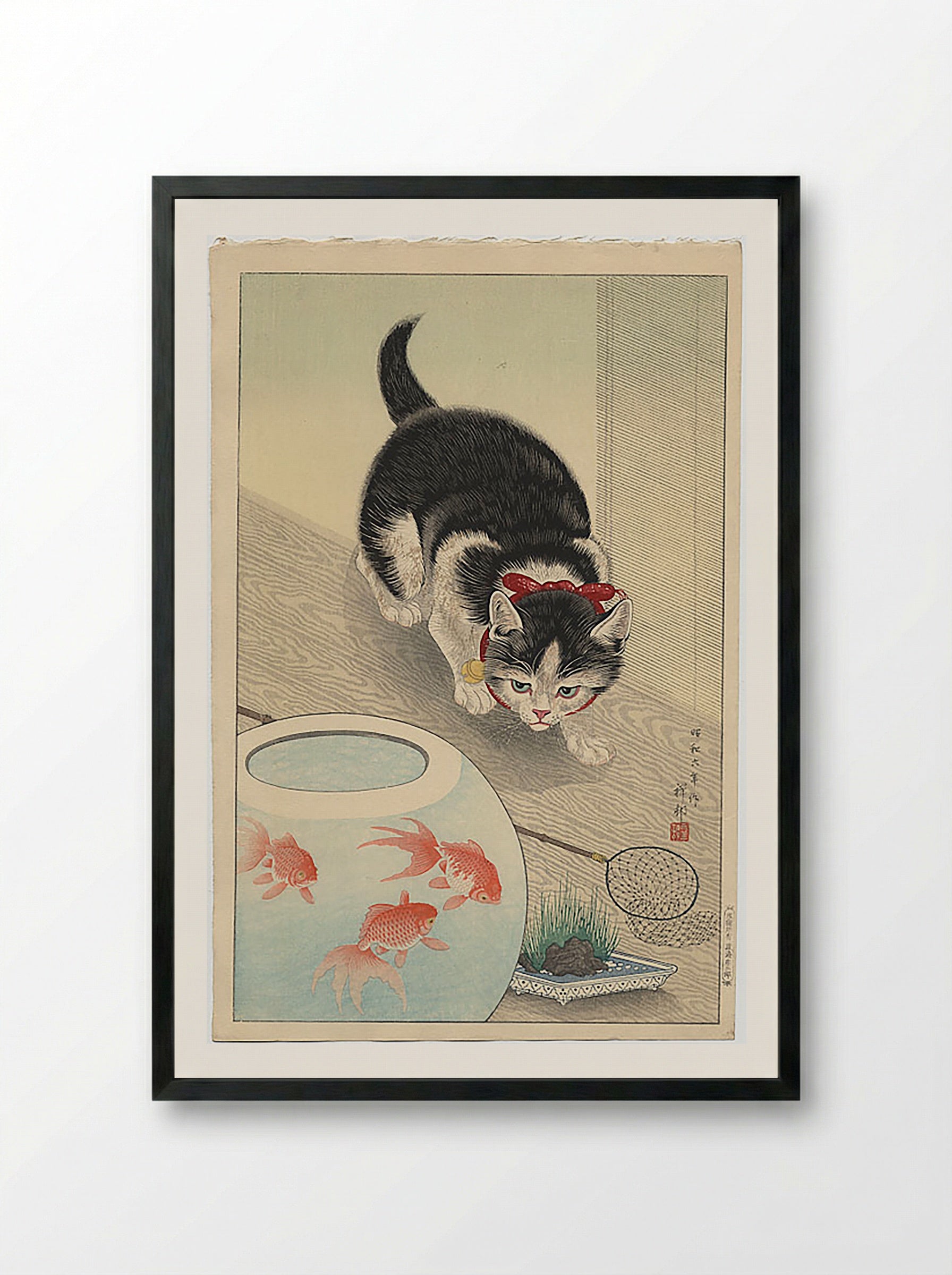 Cat and Bowl of Goldfish - Utagawa Kuniyoshi - Framed Print Black