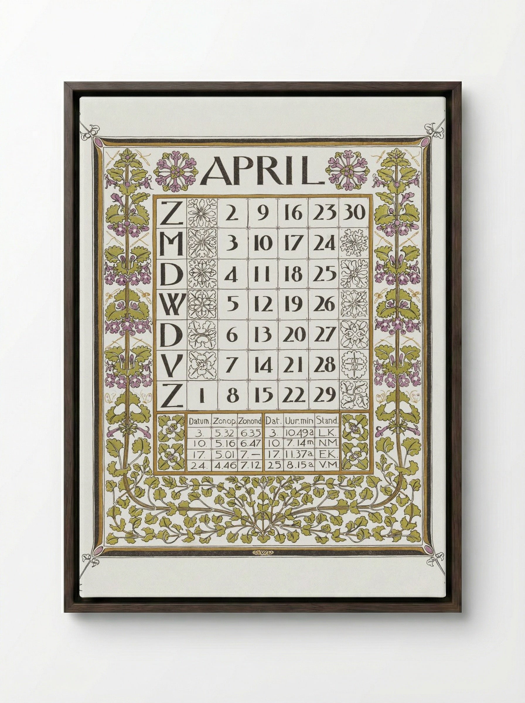 Calendar for April 1899 - Gerrit Willem Dijsselhof - Framed Canvas Dark Wood