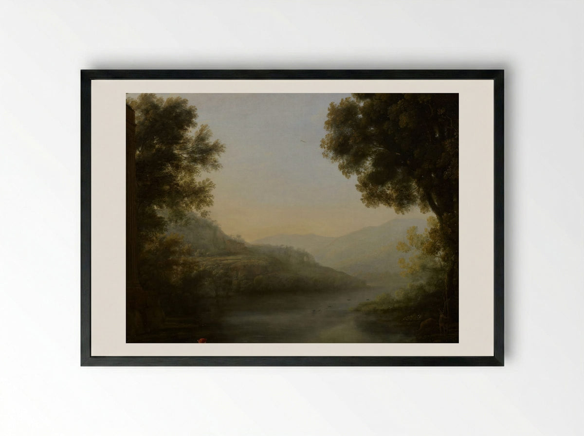 Two Goat Herders Seated on the Left Bank of a River Amidst Their Flock - Nicolaes Berchem - Framed Print Black