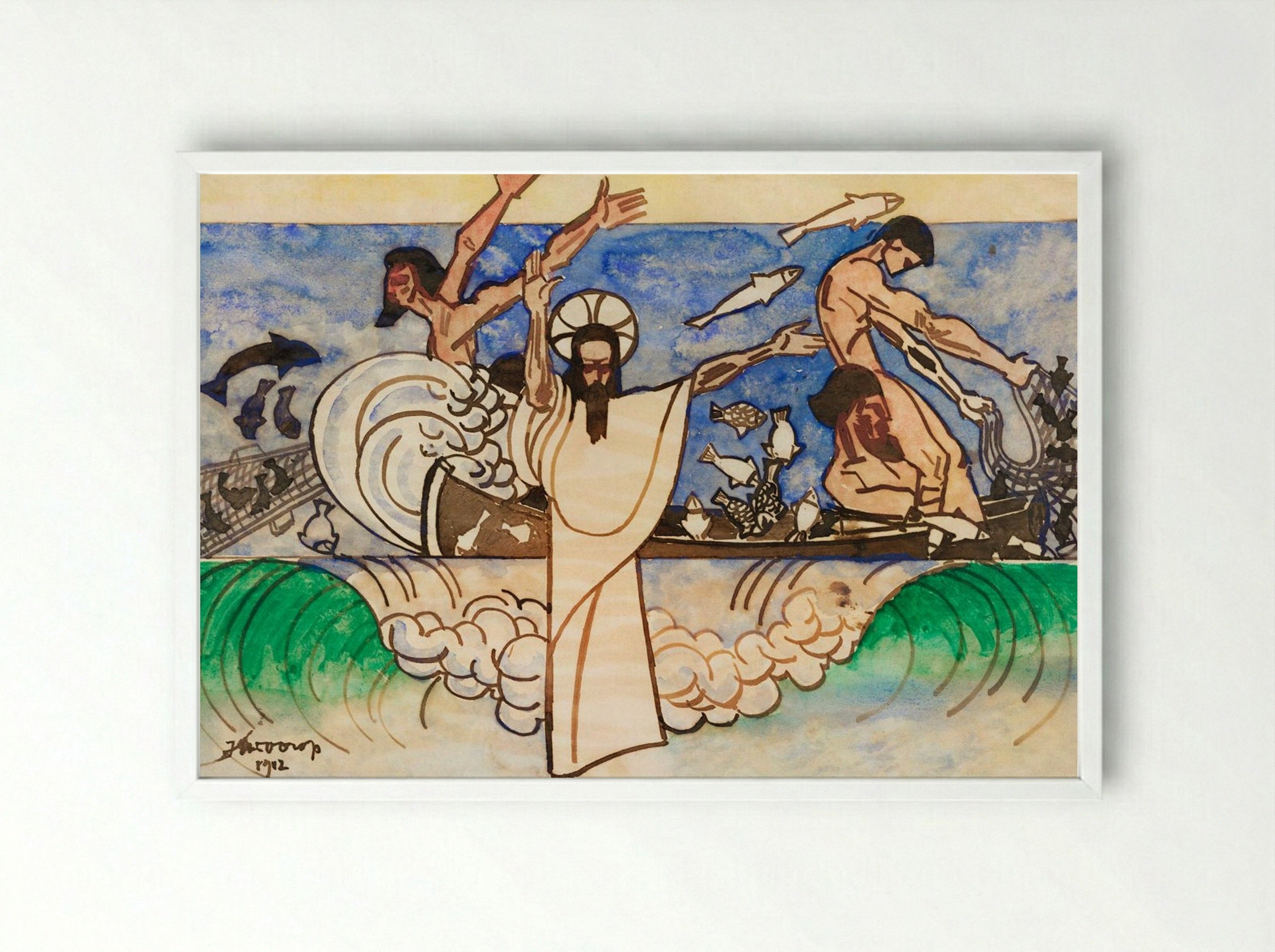 The Miraculous Catch of Fish - Jan Toorop - Framed Print White