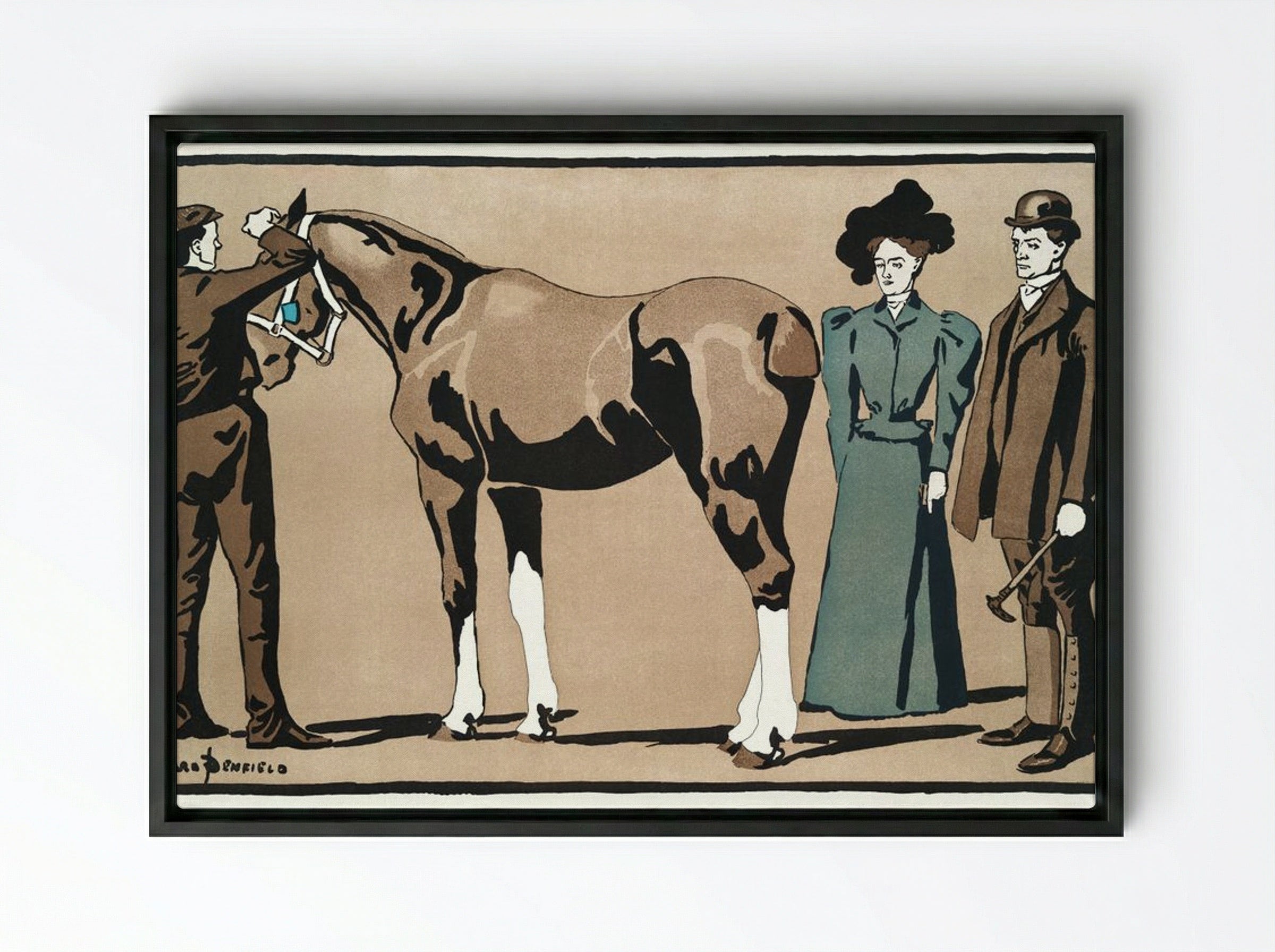 People and Horse - Edward Penfield - Framed Canvas Black