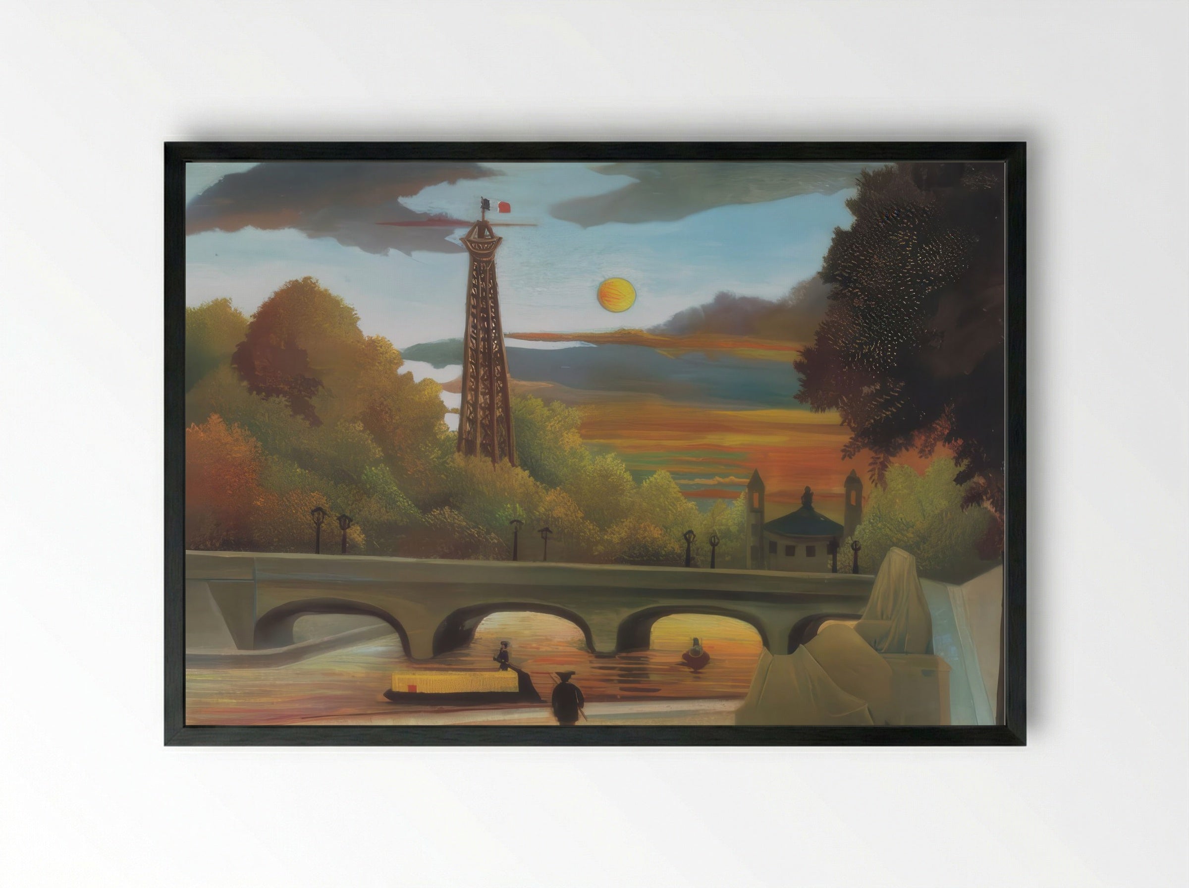 The Seine and the Eiffel Tower in the Sunset by Henri Rousseau – Naïve Art Paris Landscape Print - Framed Print Black