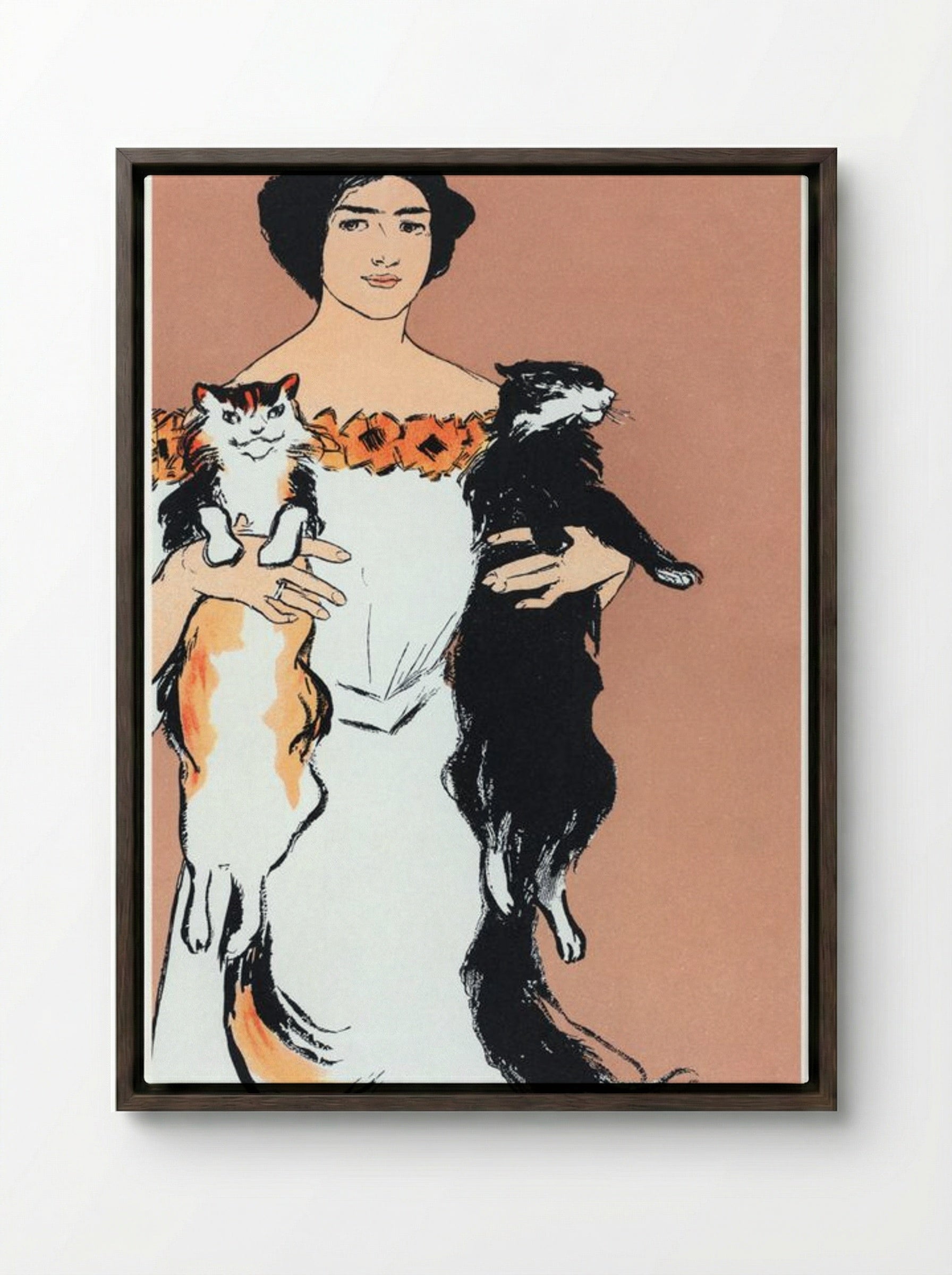 Woman Holding Cats - Edward Penfield - Framed Canvas Dark Wood