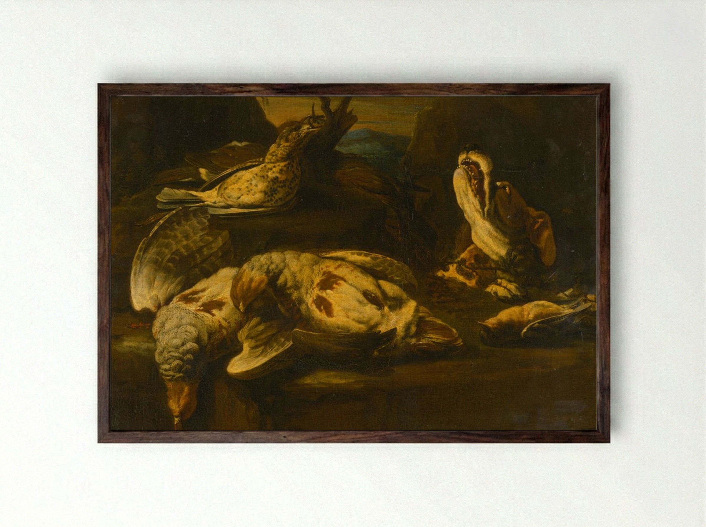 Hunting Still Life with Birds and Dog - Fine Art Print - Framed Print Dark Wood