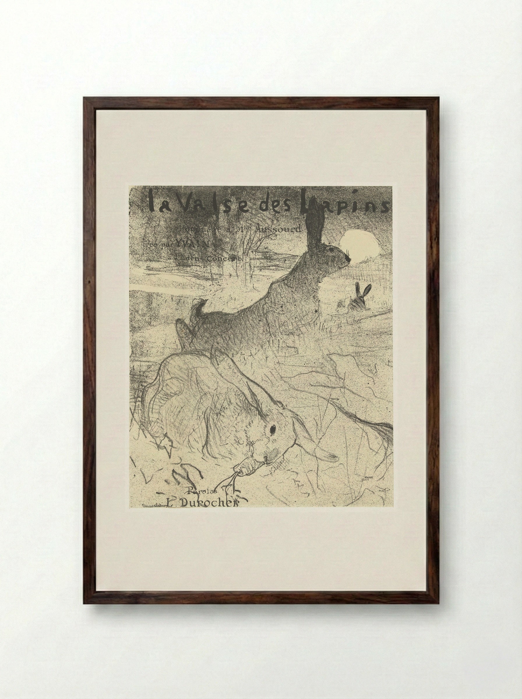 Omslag voor muziekblad met lied La Valse des Lapins met konijnen in landschap - Henri de Toulouse-Lautrec - Framed Print Dark Wood