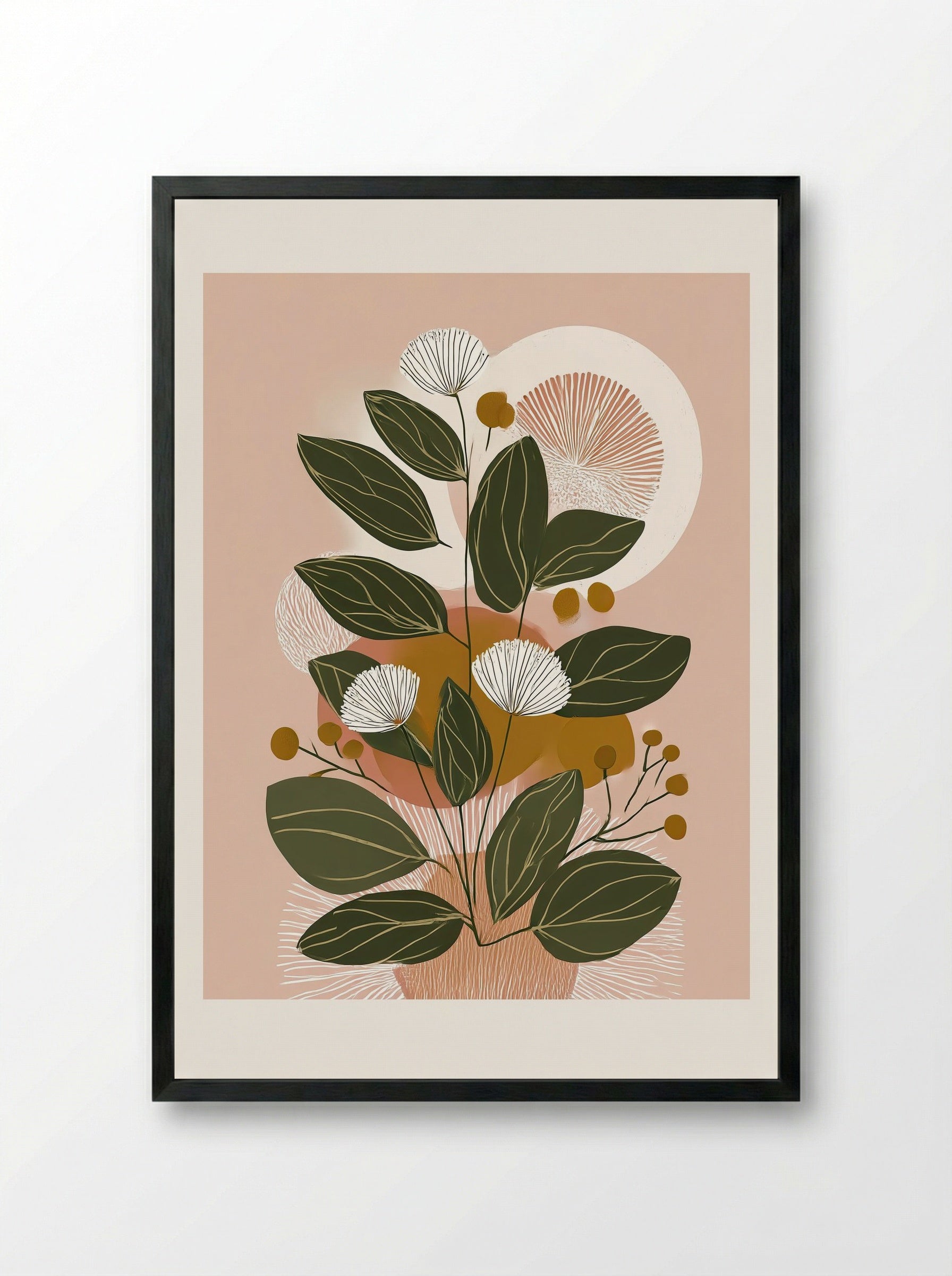 Soft Bloom Botanical Line Art Print - Framed Print Black
