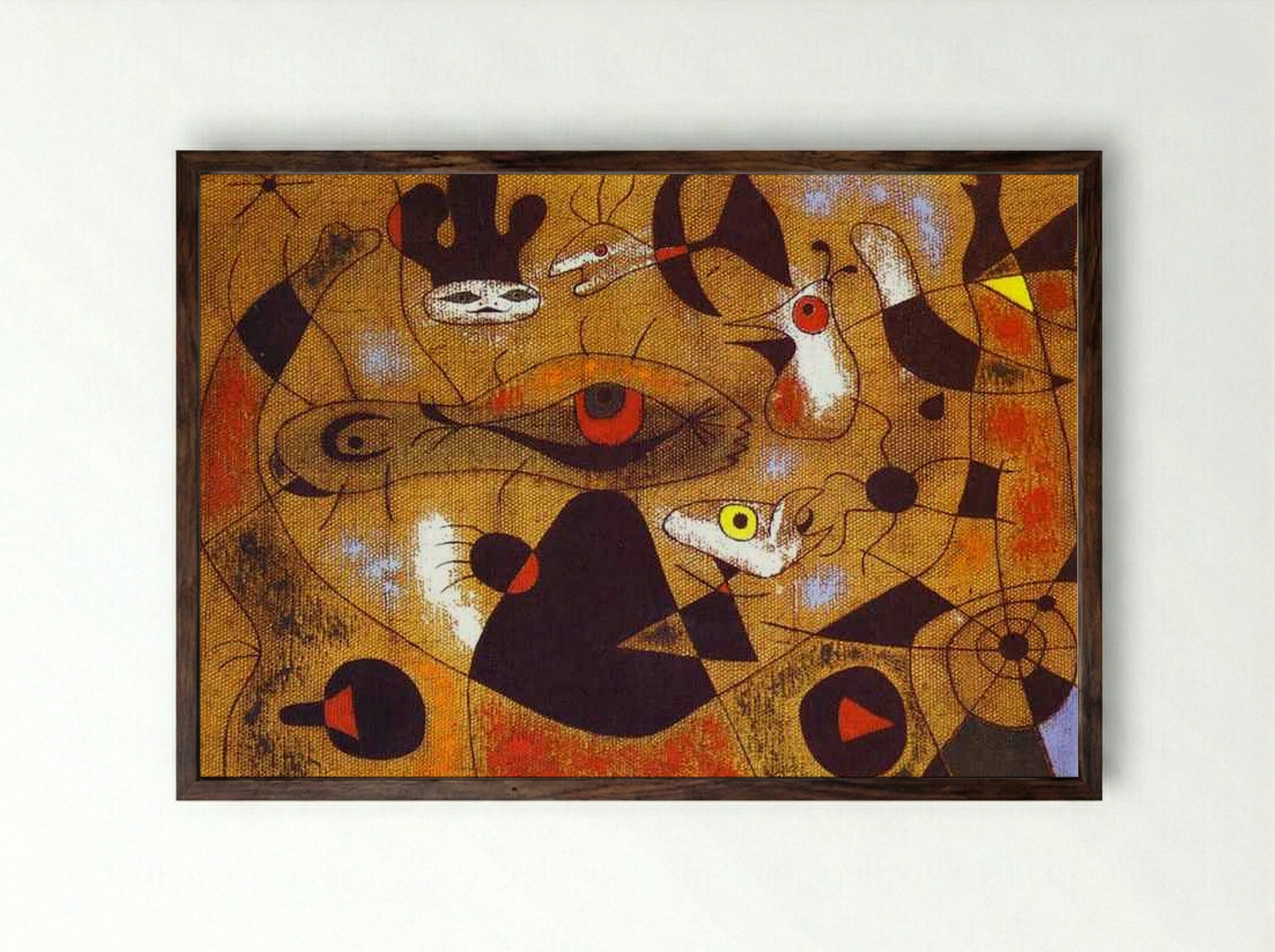 A Dew Drop Falling from a Bird's Wing Wakes Rosalie, who Has Been Asleep in the Shadow of a Spider's Web - Joan Miró - Framed Print Dark Wood
