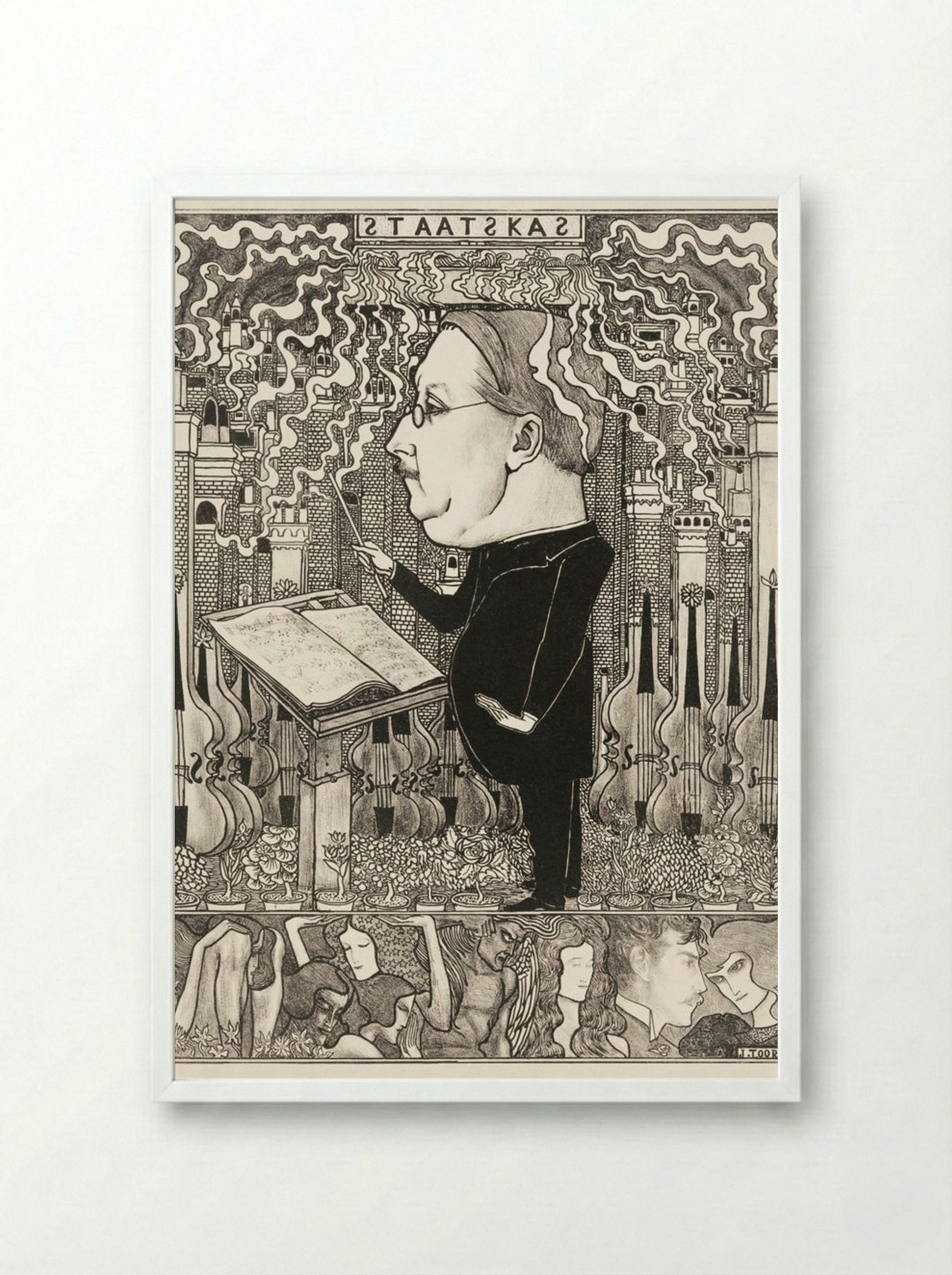 Conductor with Violins and Smoking Chimneys Behind - Jan Toorop - Framed Print White