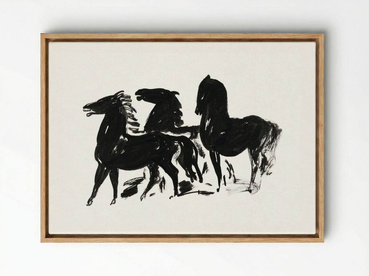 Three Black Horses Standing, Facing Left - Leo Gestel - Framed Canvas Wood