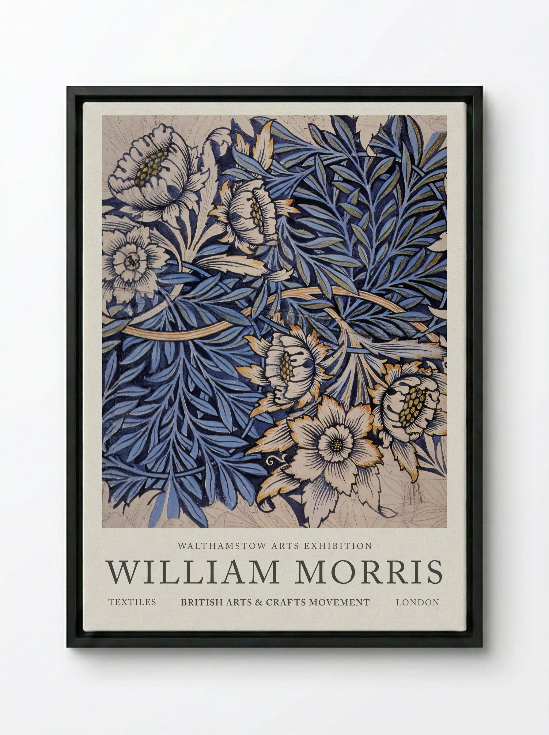 Design for Tulip and Willow indigo-discharge wood-block printed fabric - William Morris - Framed Canvas Black