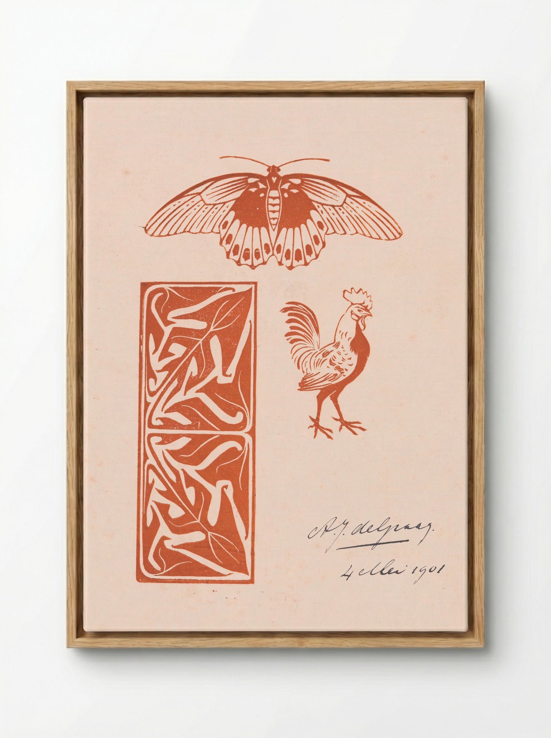 Butterfly, Rooster and Leaf Ornament - Julie de Graag - Framed Canvas Wood