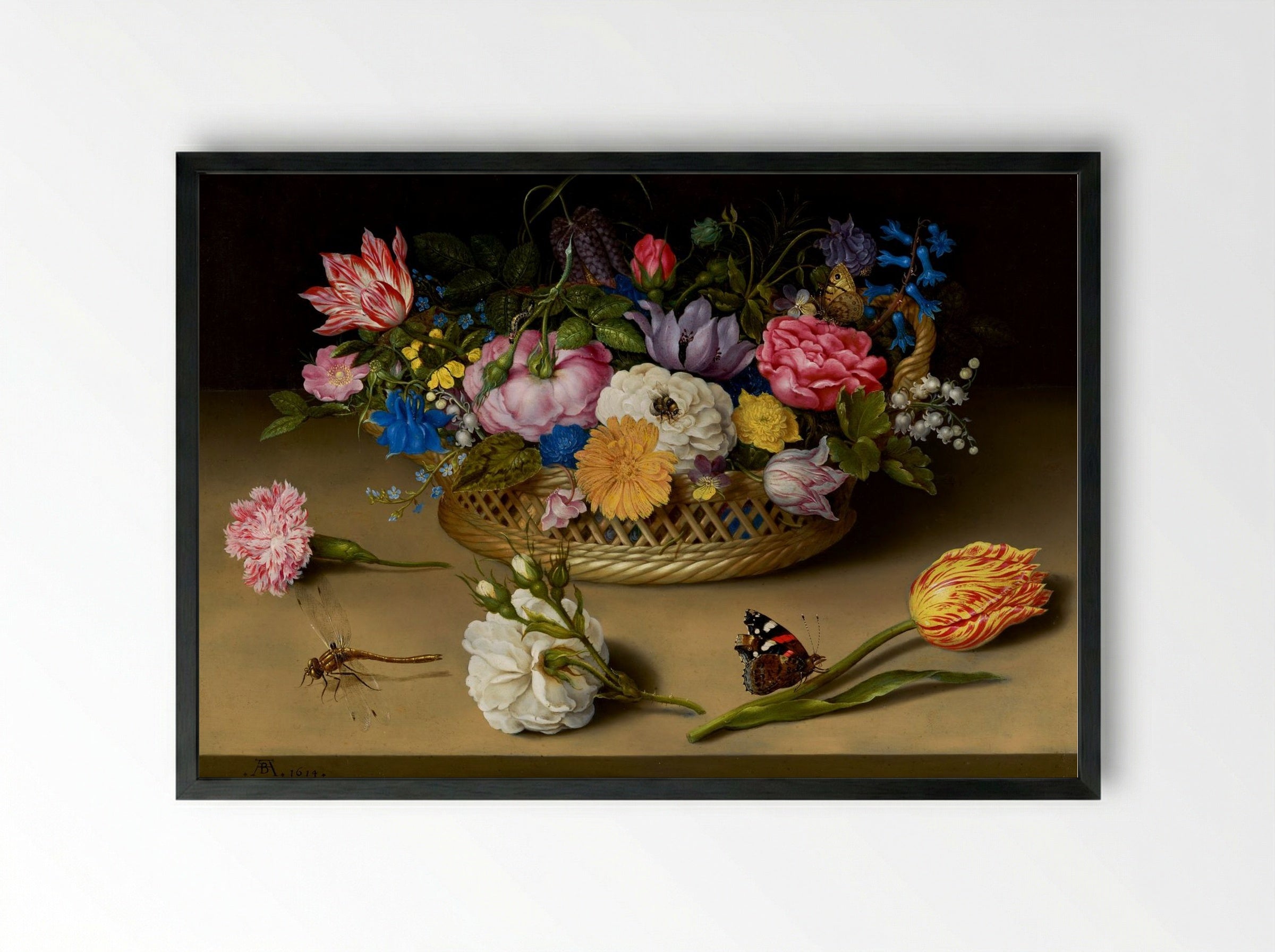 Flower Still Life in a Basket - Ambrosius Bosschaert the Elder - Framed Print Black