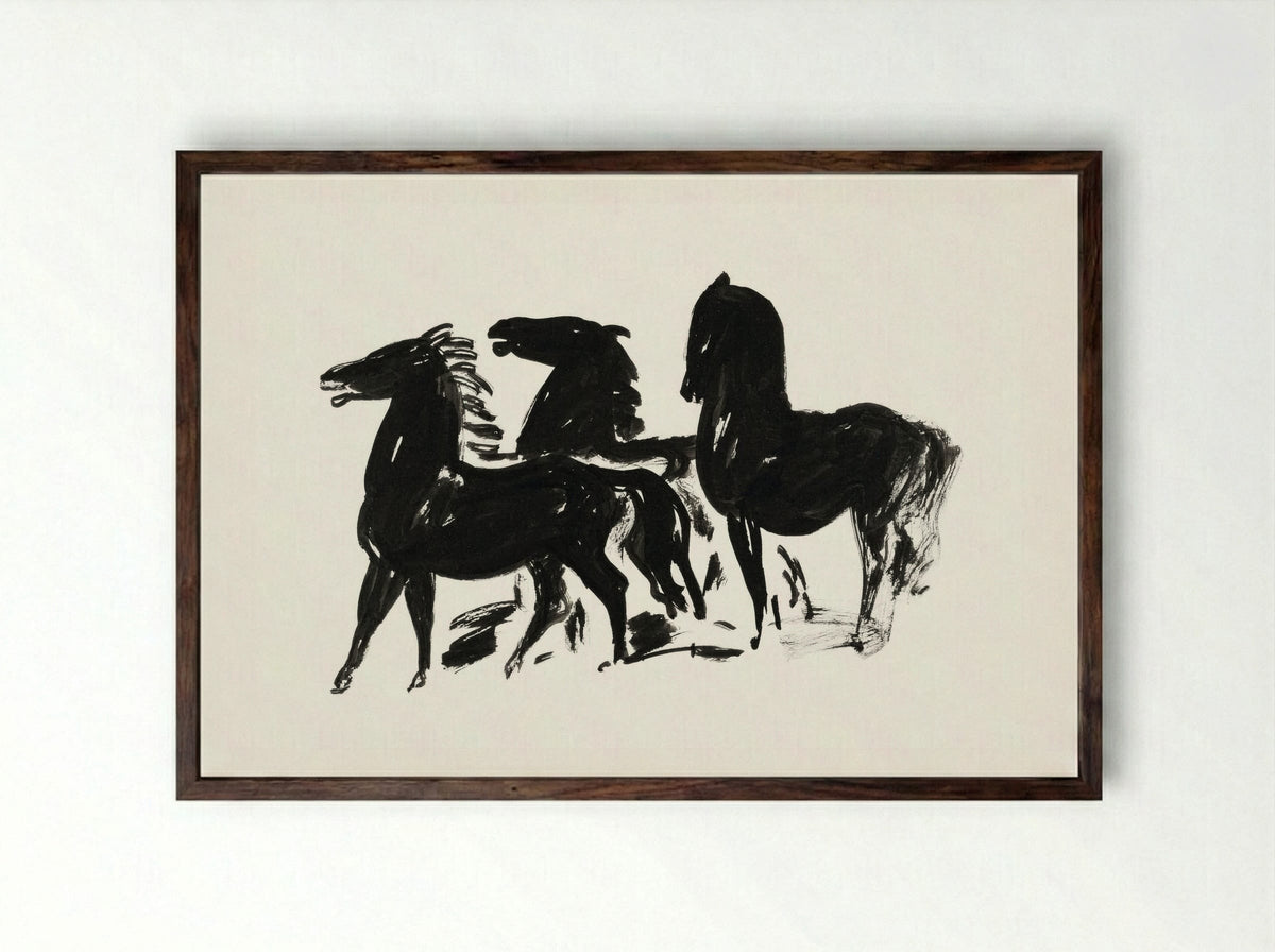 Three Black Horses Standing, Facing Left - Leo Gestel - Framed Print Dark Wood