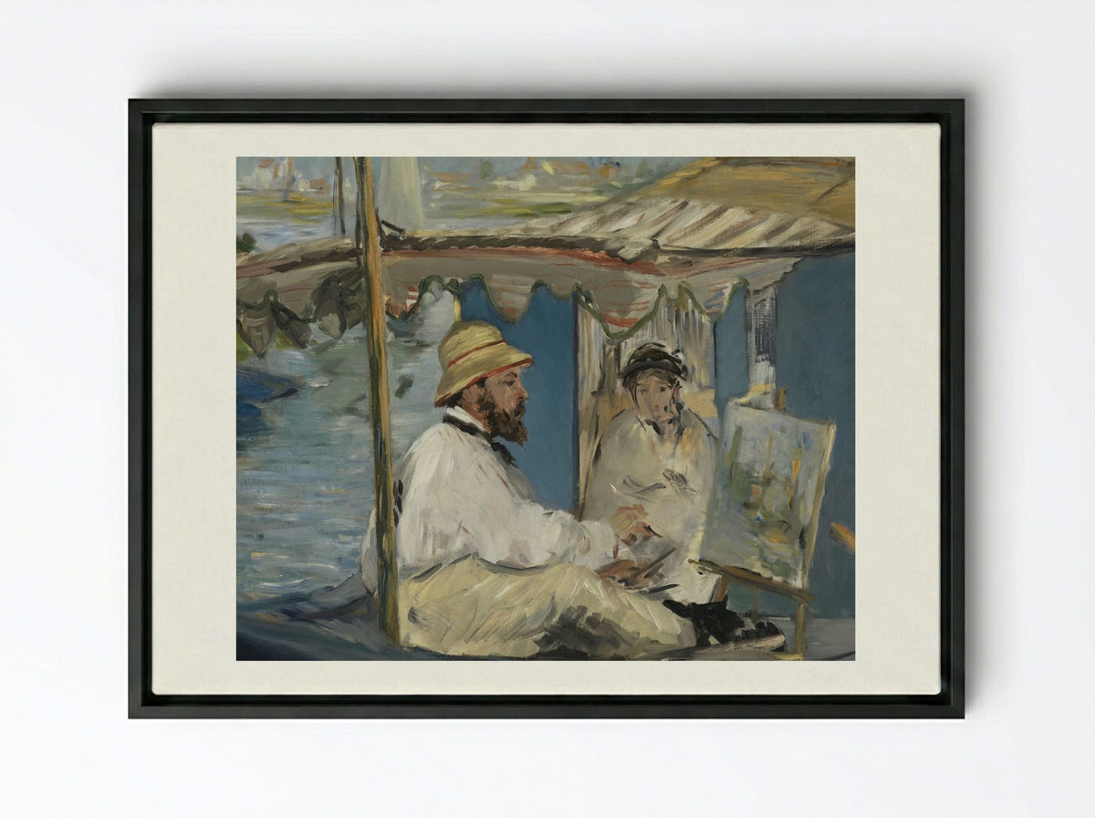 Claude Monet Painting in his Studio - Édouard Manet - Framed Canvas Black