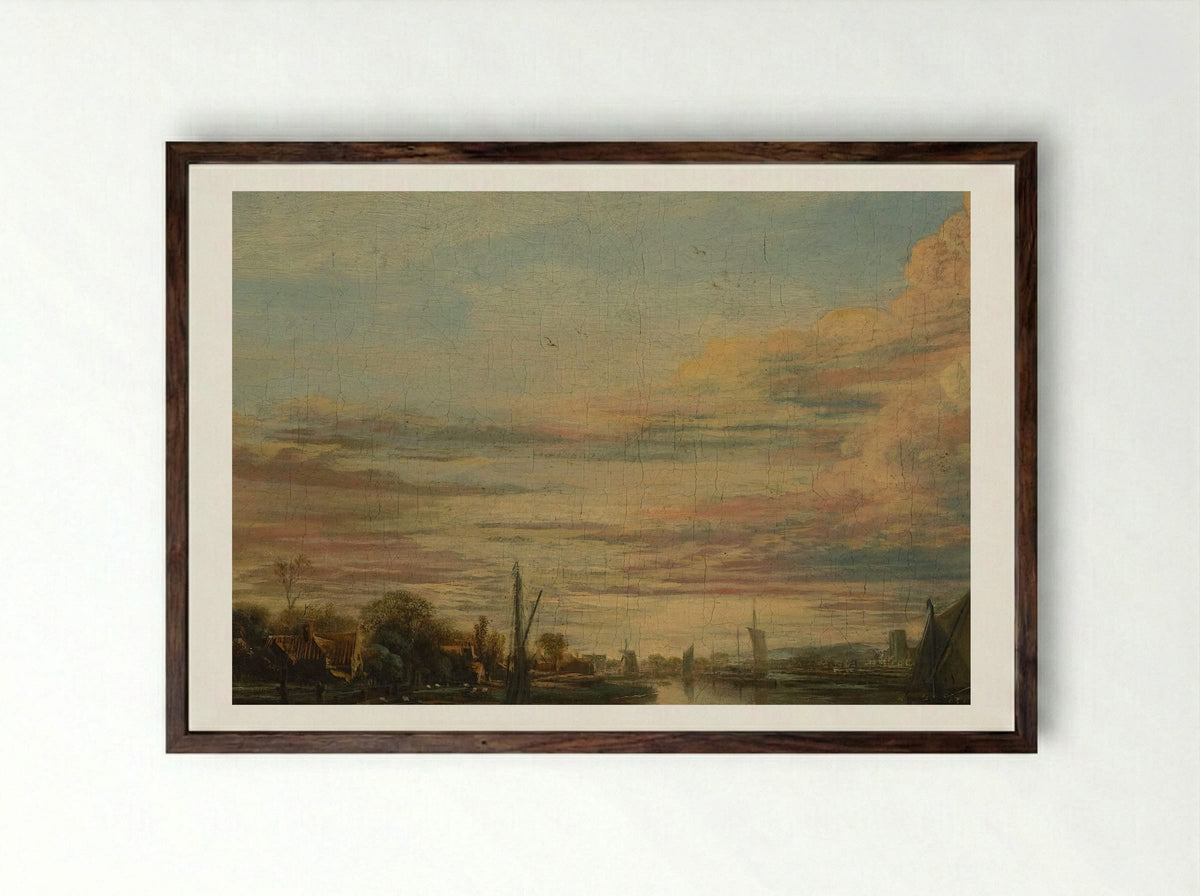 Landscape at Sunset - Aert van der Neer - Framed Print Dark Wood