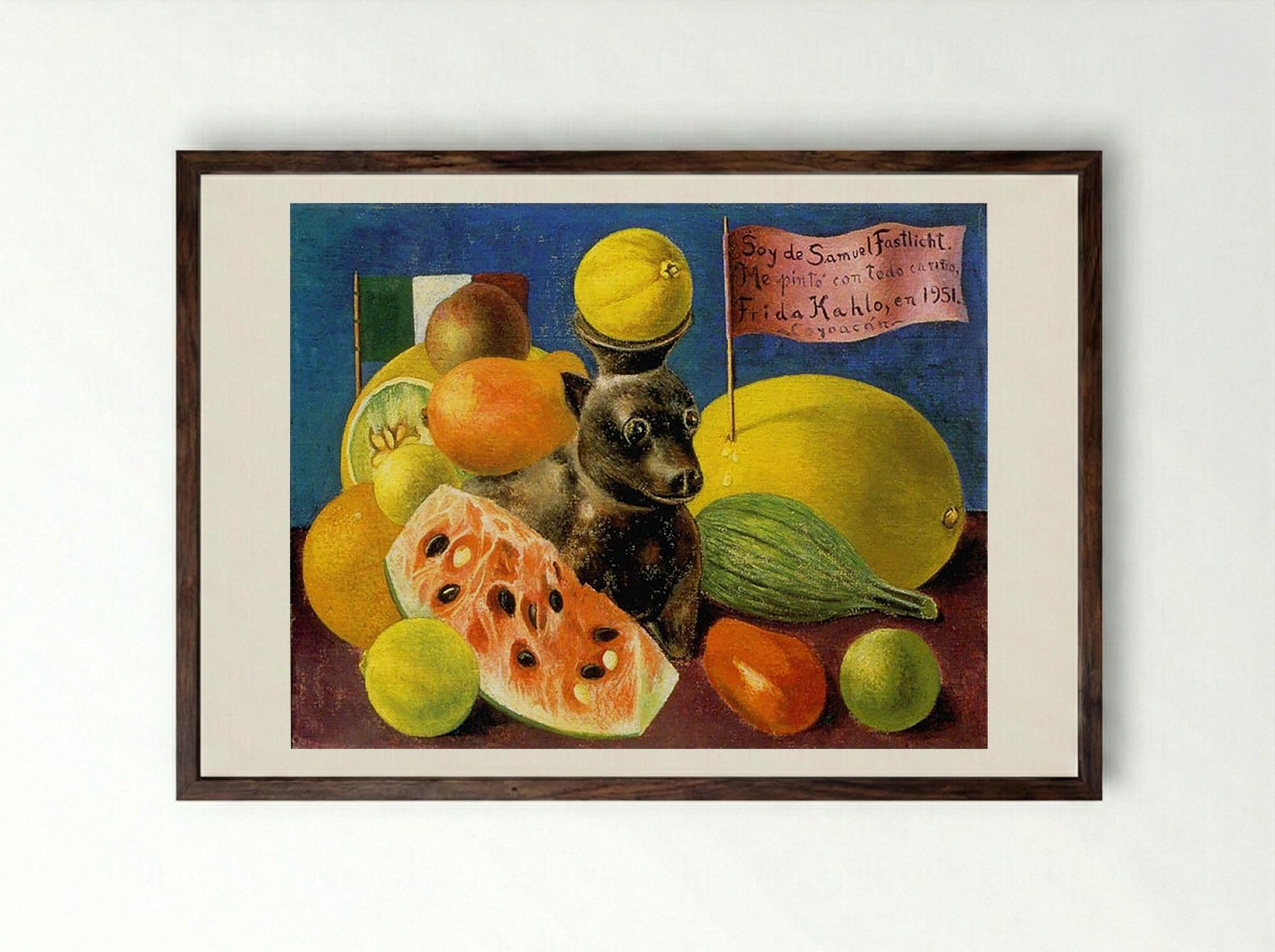 Still Life with Dog (Self-Portrait Dedicated to Samuel Fastlicht) - Frida Kahlo - Framed Print Dark Wood