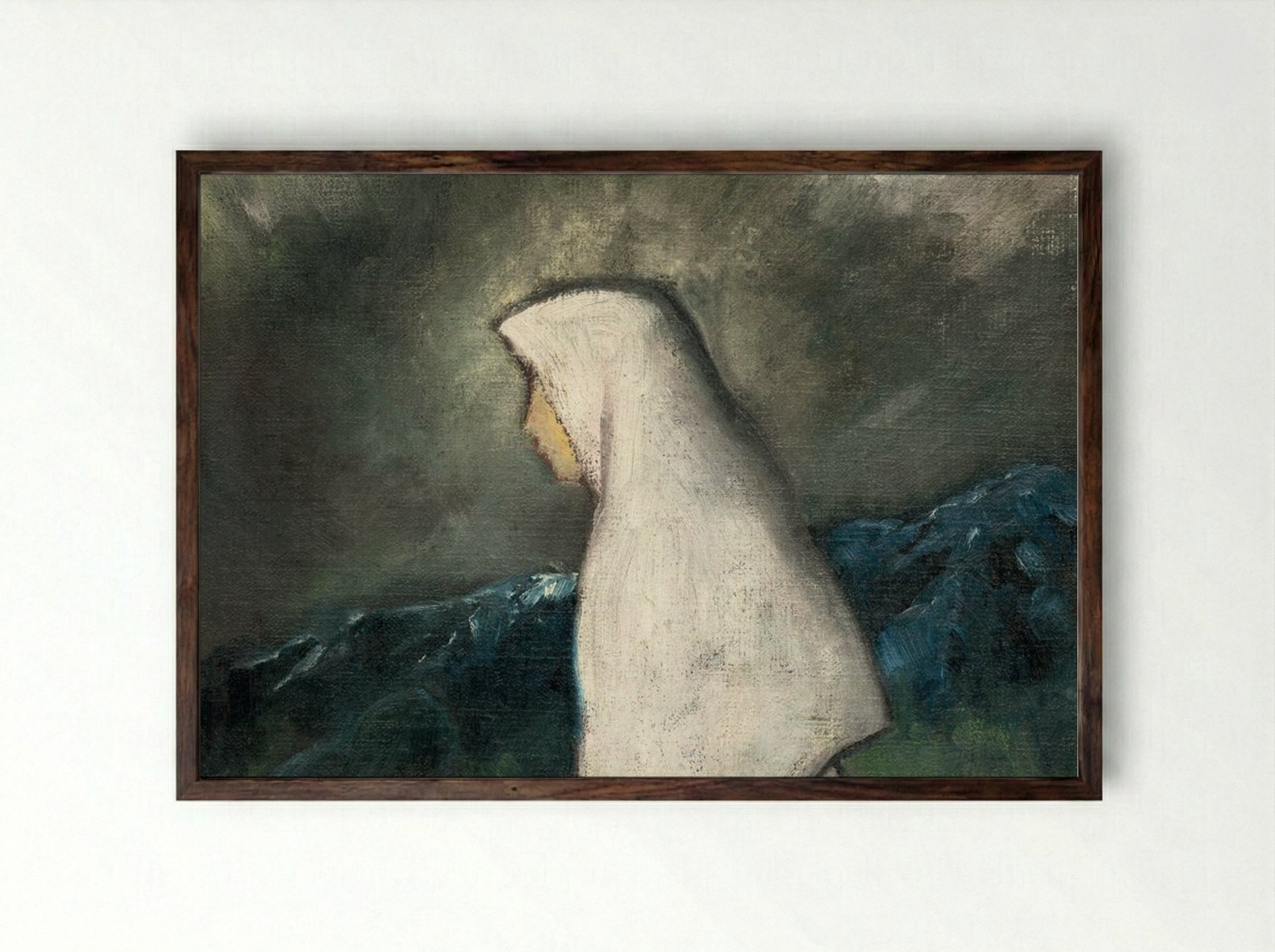 Woman in a White Shawl - Zolo Palugyay - Framed Print Dark Wood