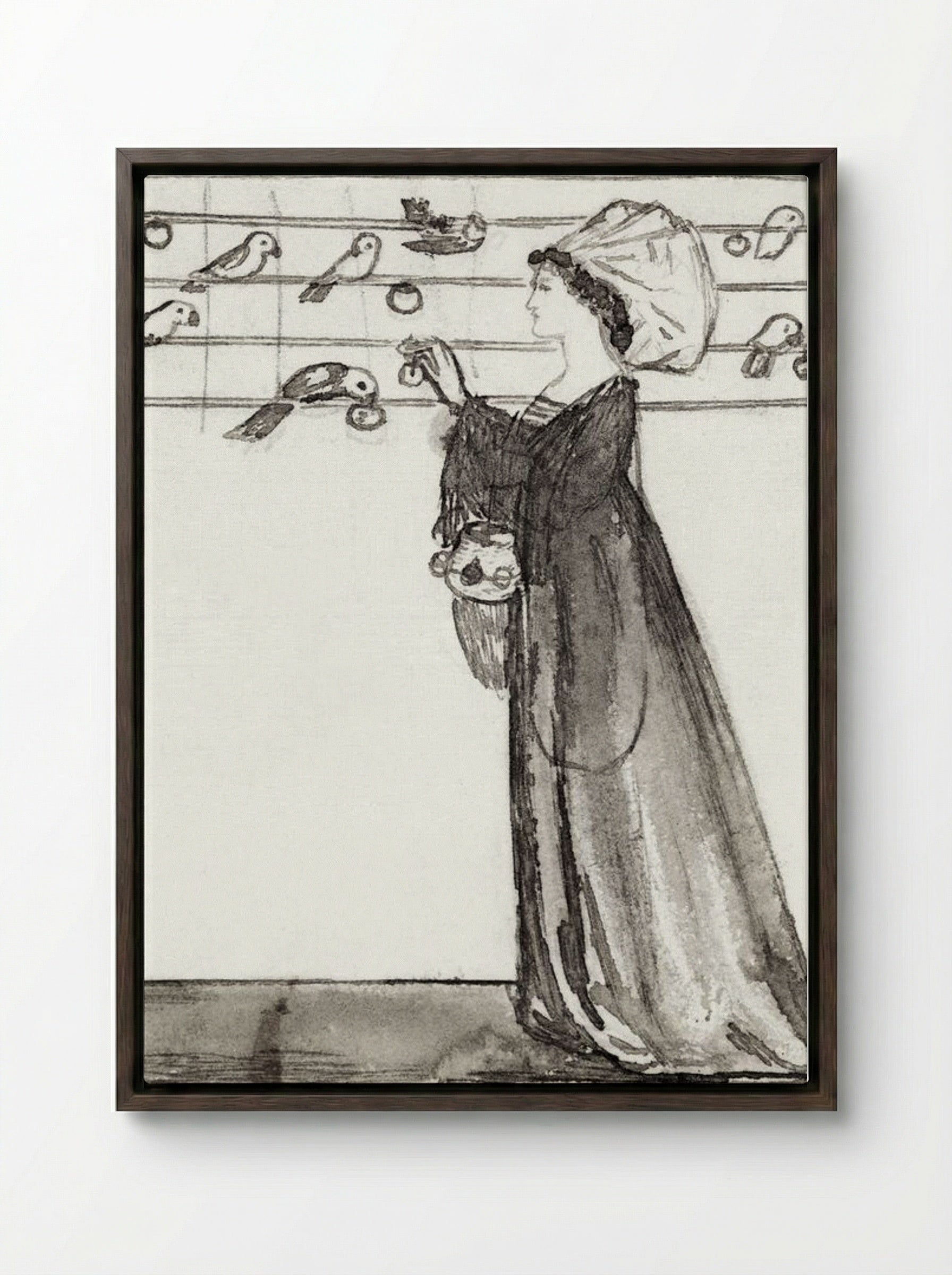 Study of a Lady Feeding Parrots - Edward Burne-Jones - Framed Canvas Dark Wood