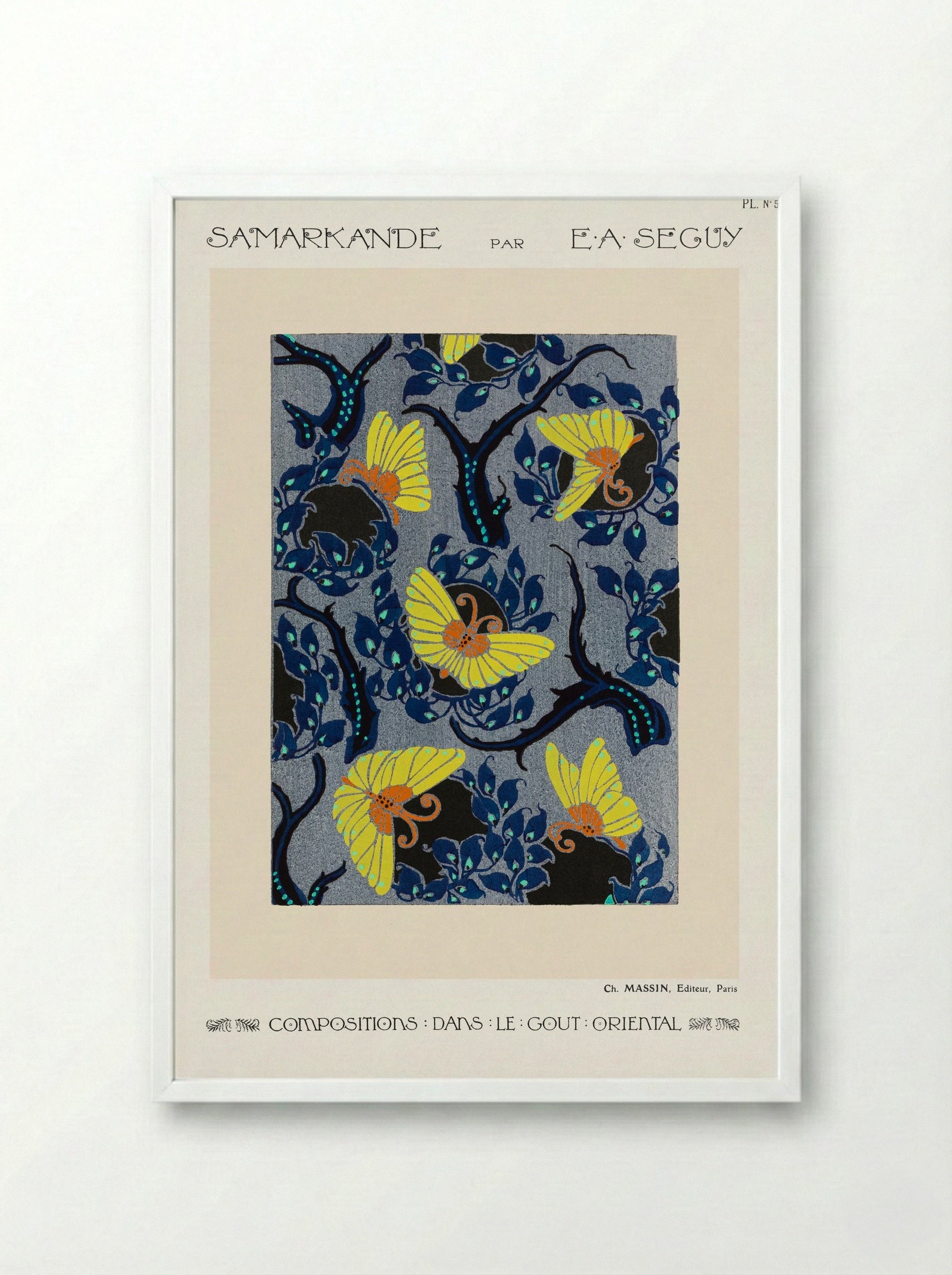 Samarkande, Plate No. 5 (Butterflies and Branches) - E. A. Séguy - Framed Print White