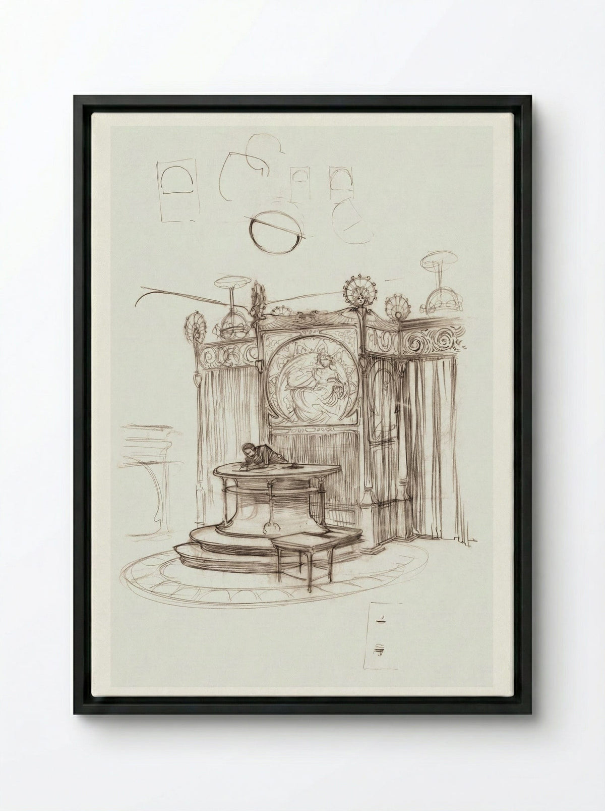 Sketch of an Office Interior - Alphonse Mucha - Framed Canvas Black