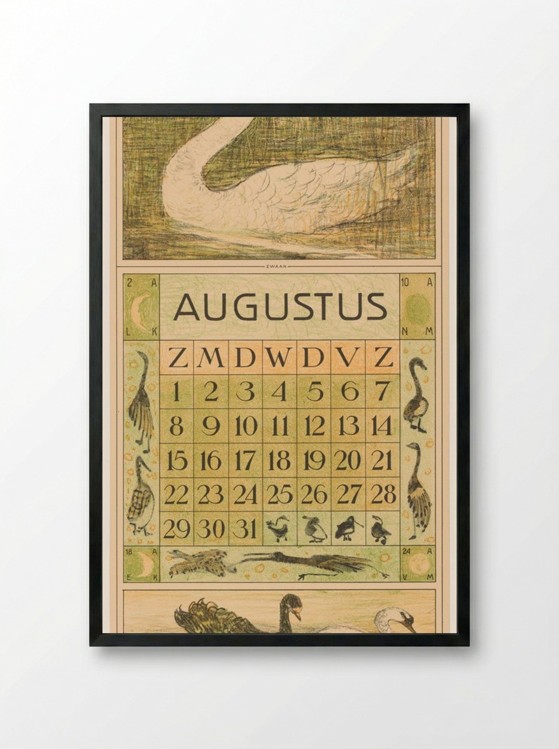 Kalenderblad Augustus met Zwaan - Theo van Hoytema - Framed Print Black