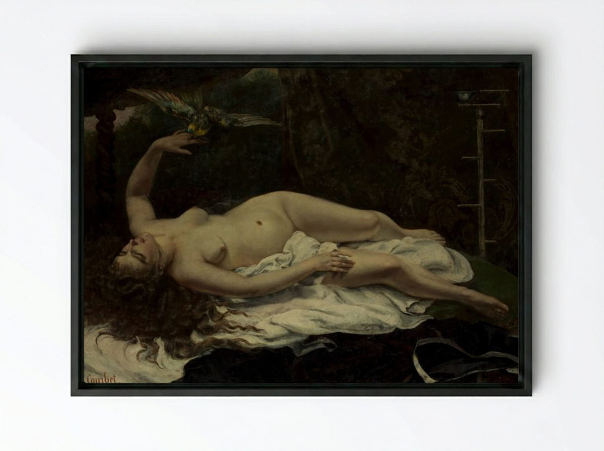 Woman with a Parrot - Gustave Courbet - Framed Canvas Black
