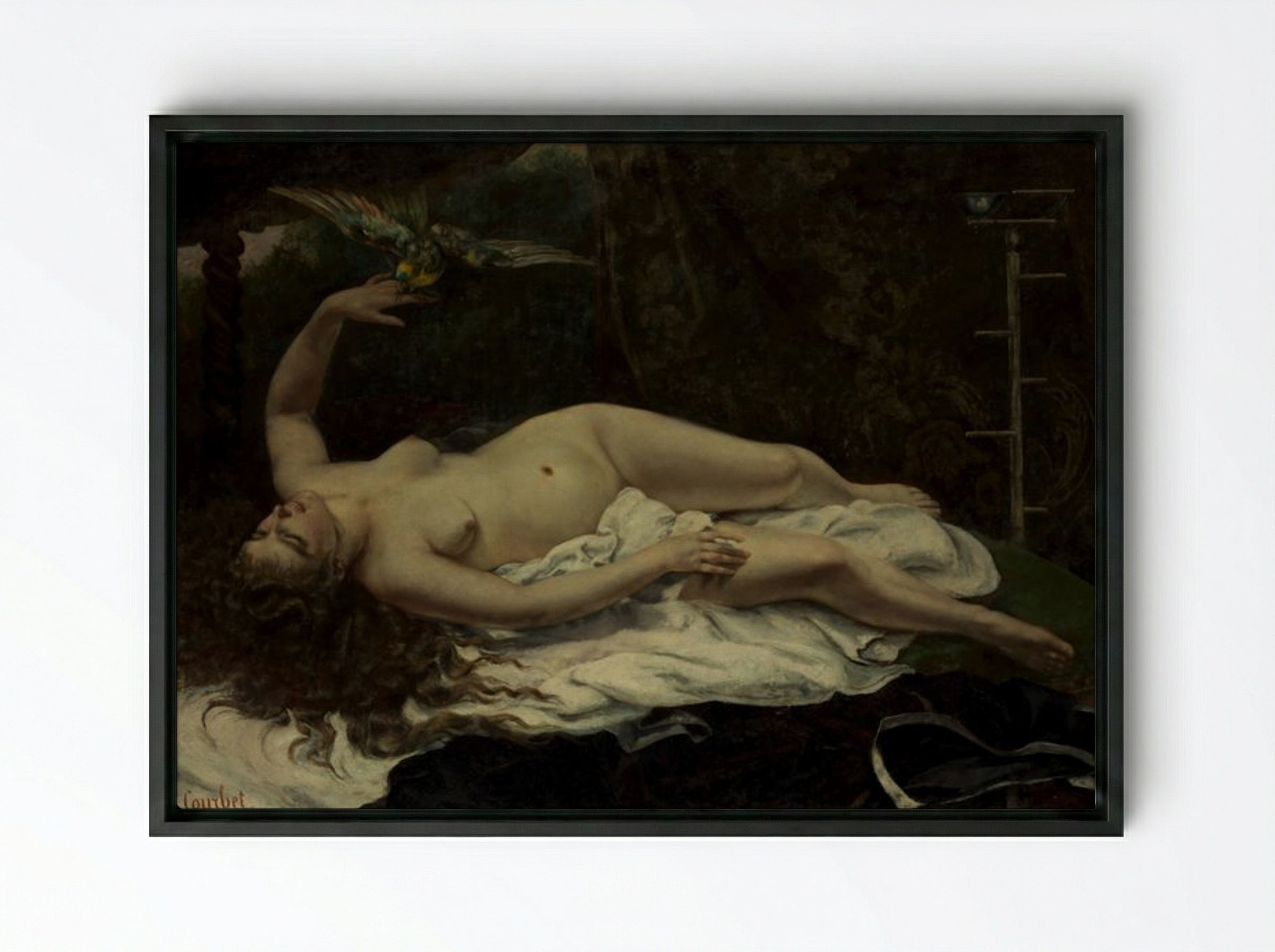 Woman with a Parrot - Gustave Courbet - Framed Canvas Black
