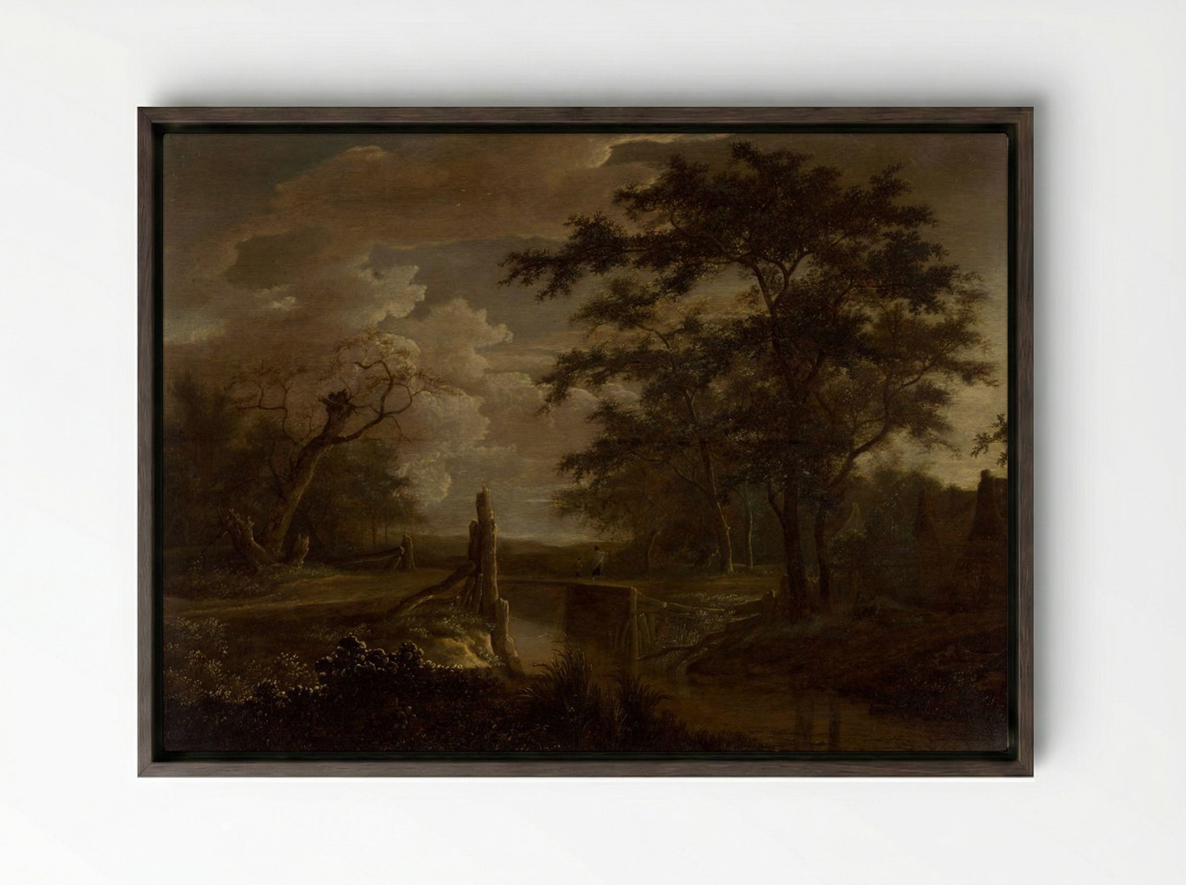 Landscape with River and Bridge - Jacob van Ruisdael - Framed Canvas Dark Wood