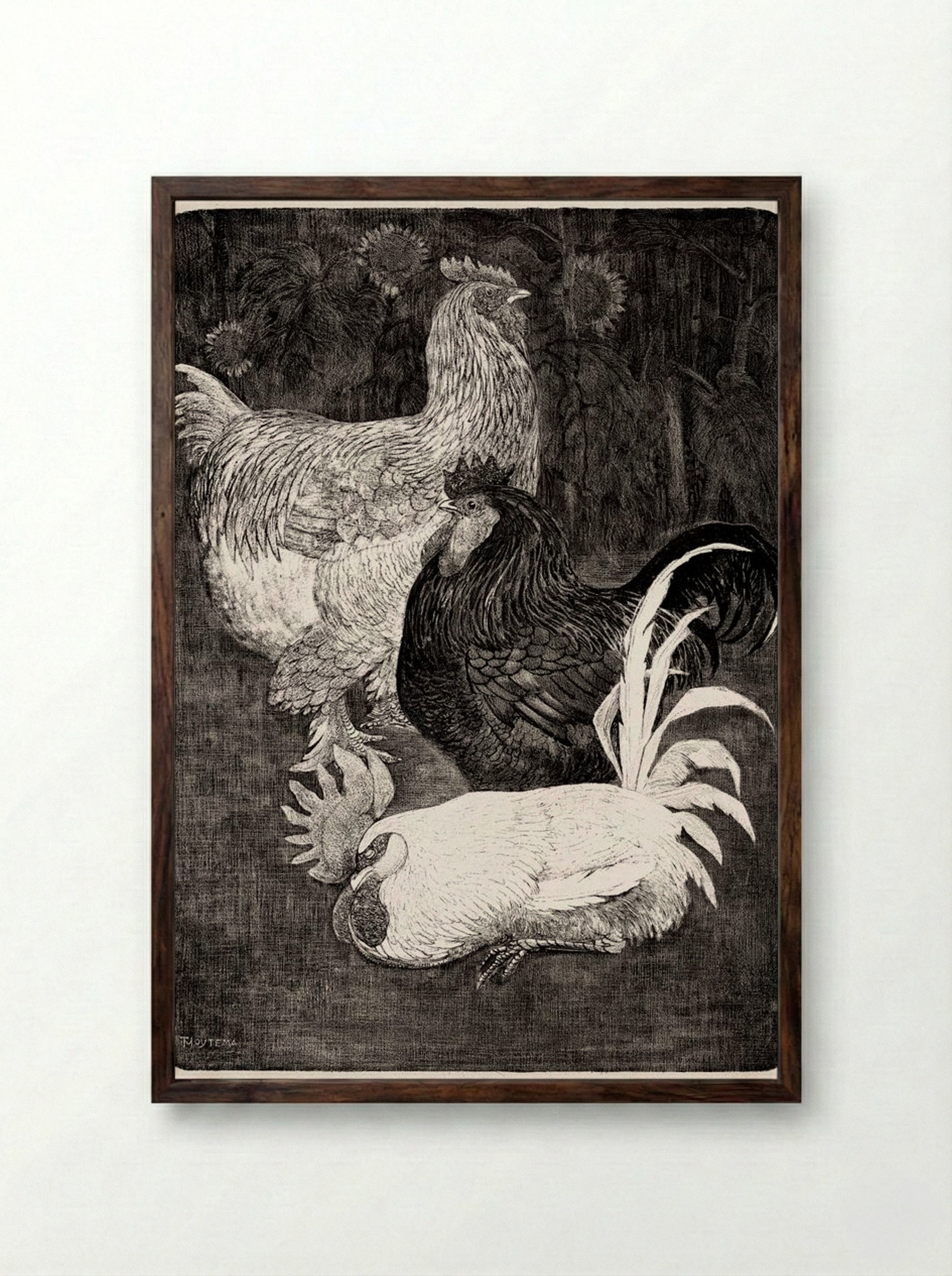 Drie Hanen (Three Roosters) - Theo van Hoytema - Framed Print Dark Wood