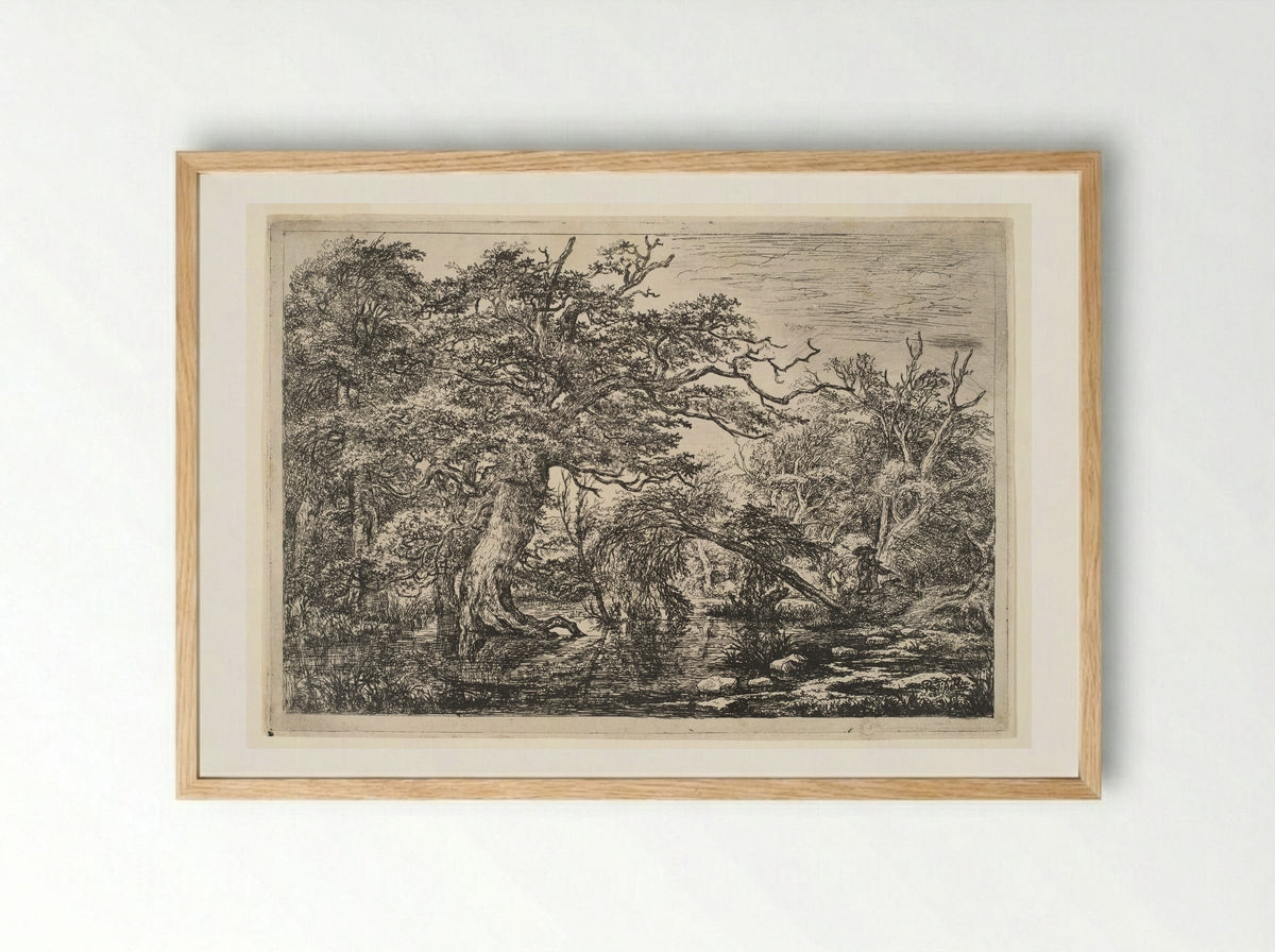 A Forest Marsh with Travelers on a Bank - Jacob van Ruisdael - Framed Print Wood
