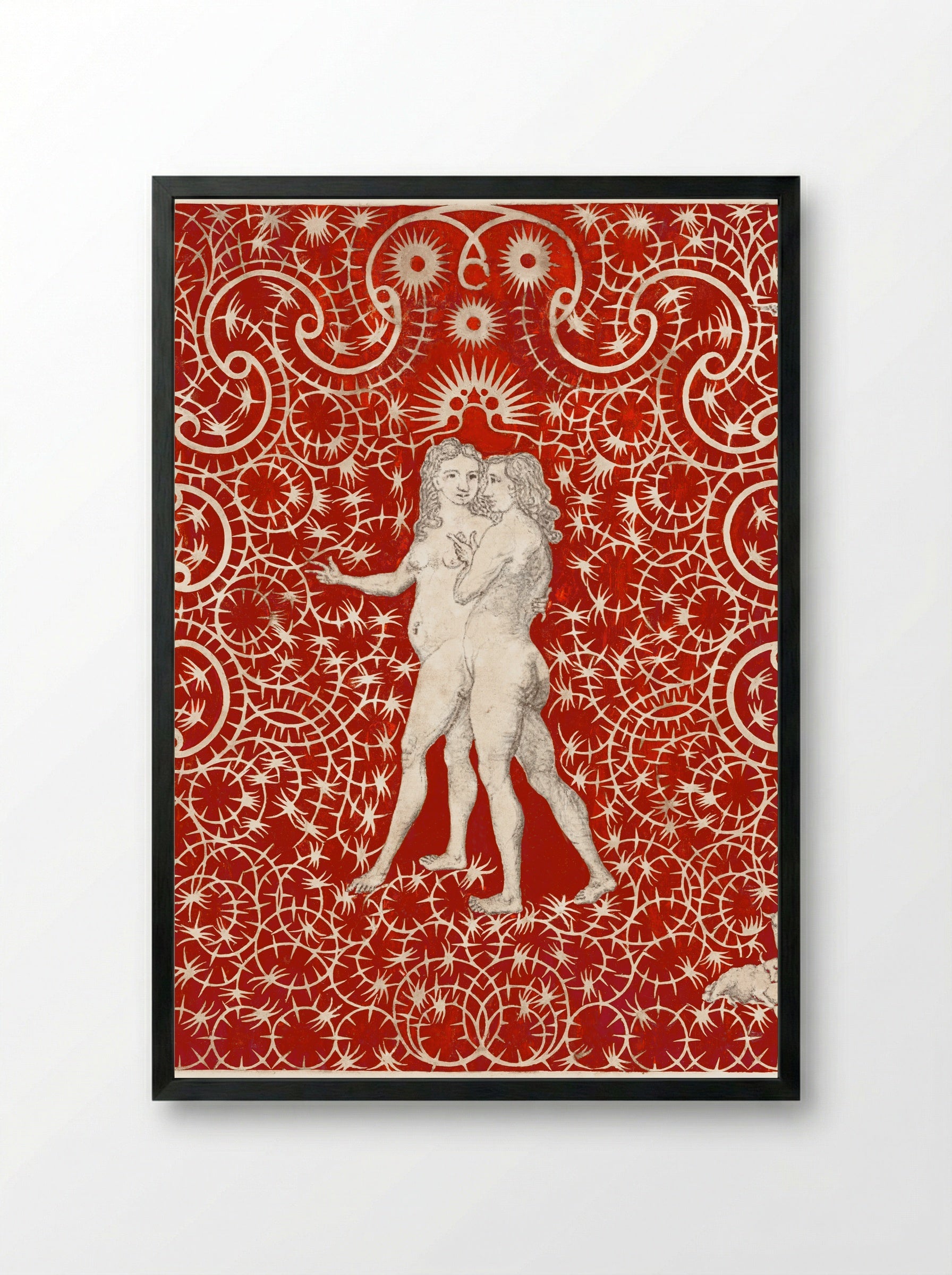 Adam and Eve in the Garden with a Pair of Sheep and a Pair of Doves - British 18th Century - Framed Print Black