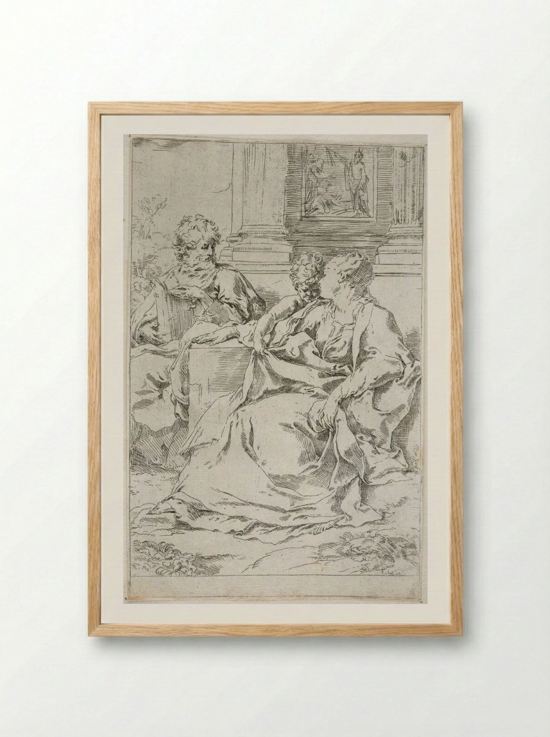 The Holy Family with Scriptural Scene in Background - Guido Reni - Framed Print Wood