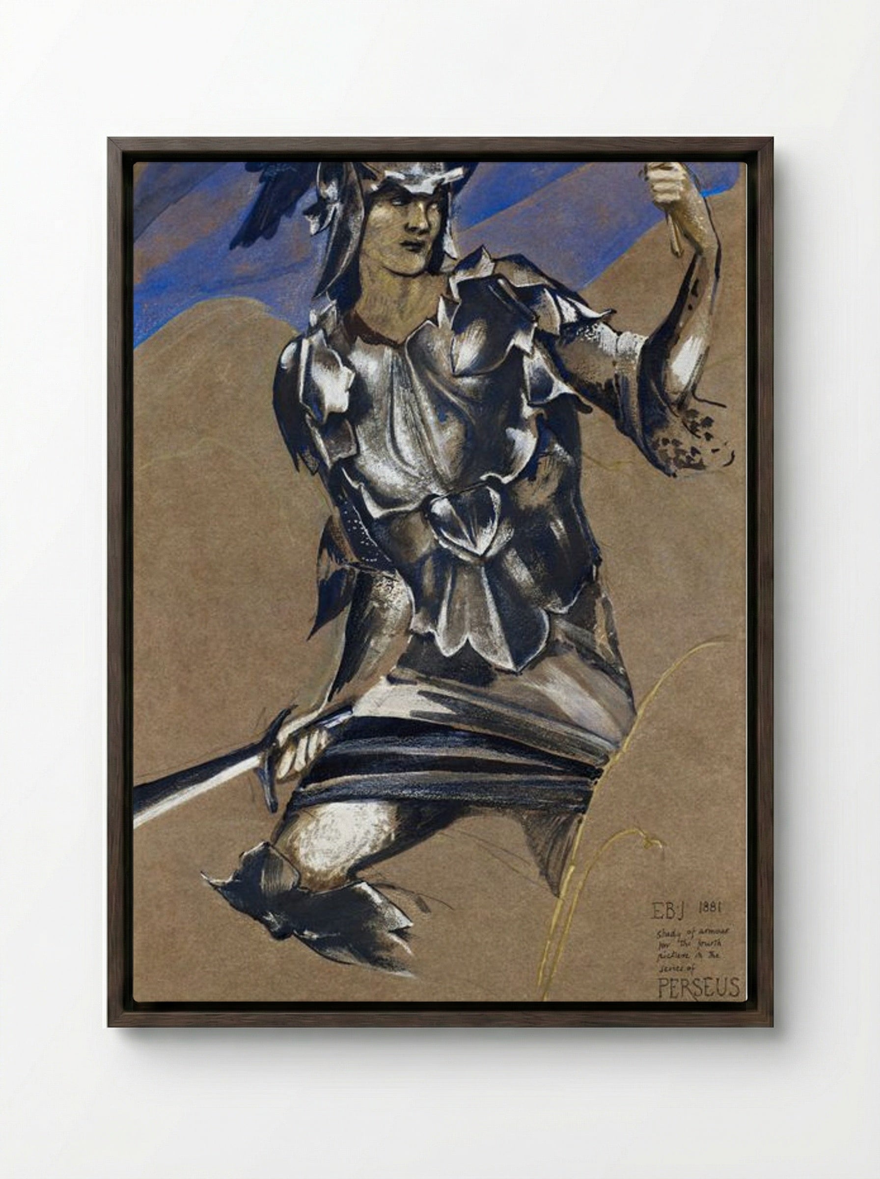 Study of Perseus in Armour for 'The Finding of Medusa' - Edward Burne-Jones - Framed Canvas Dark Wood