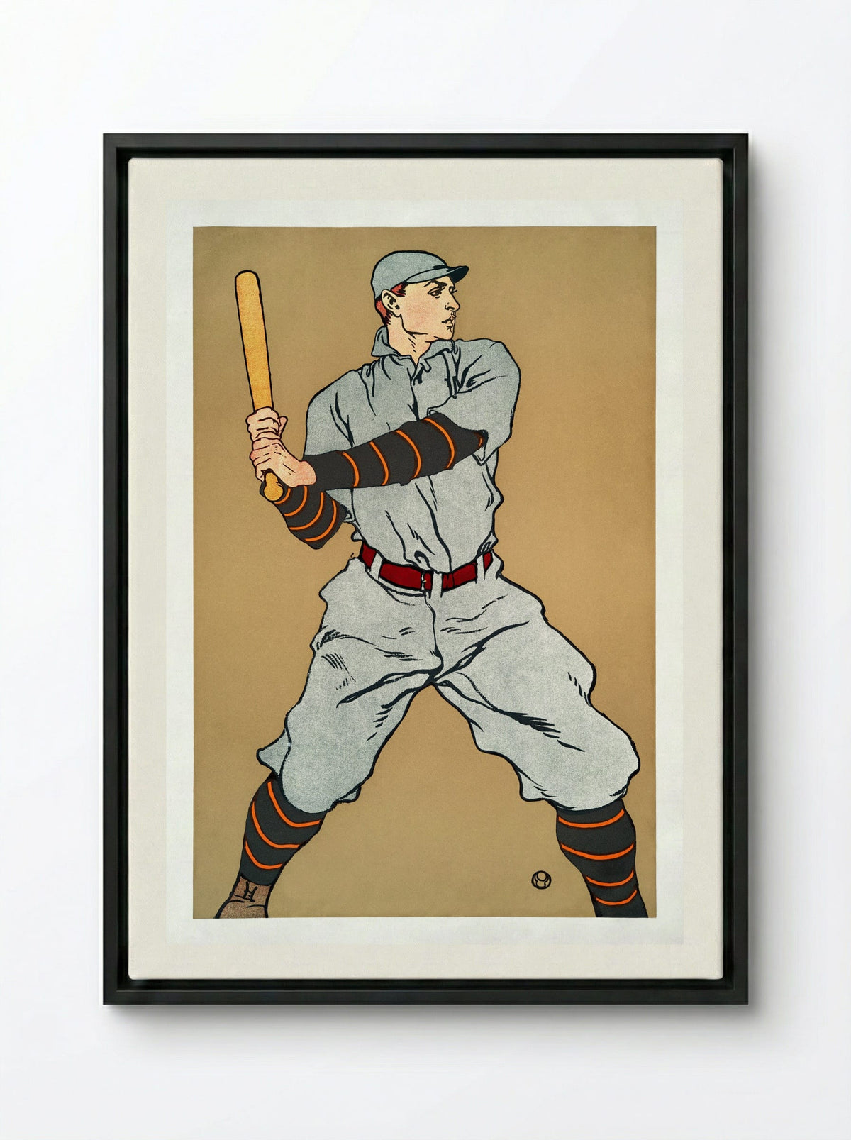 Baseball Player Holding a Bat - Edward Penfield - Framed Canvas Black