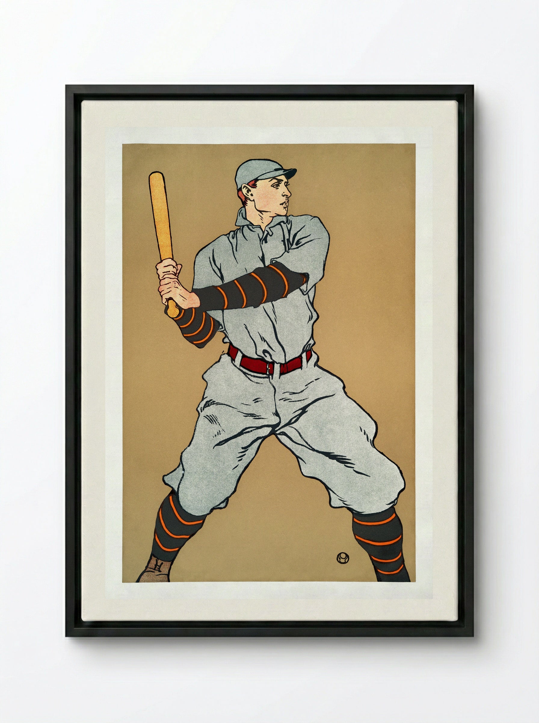 Baseball Player Holding a Bat - Edward Penfield - Framed Canvas Black