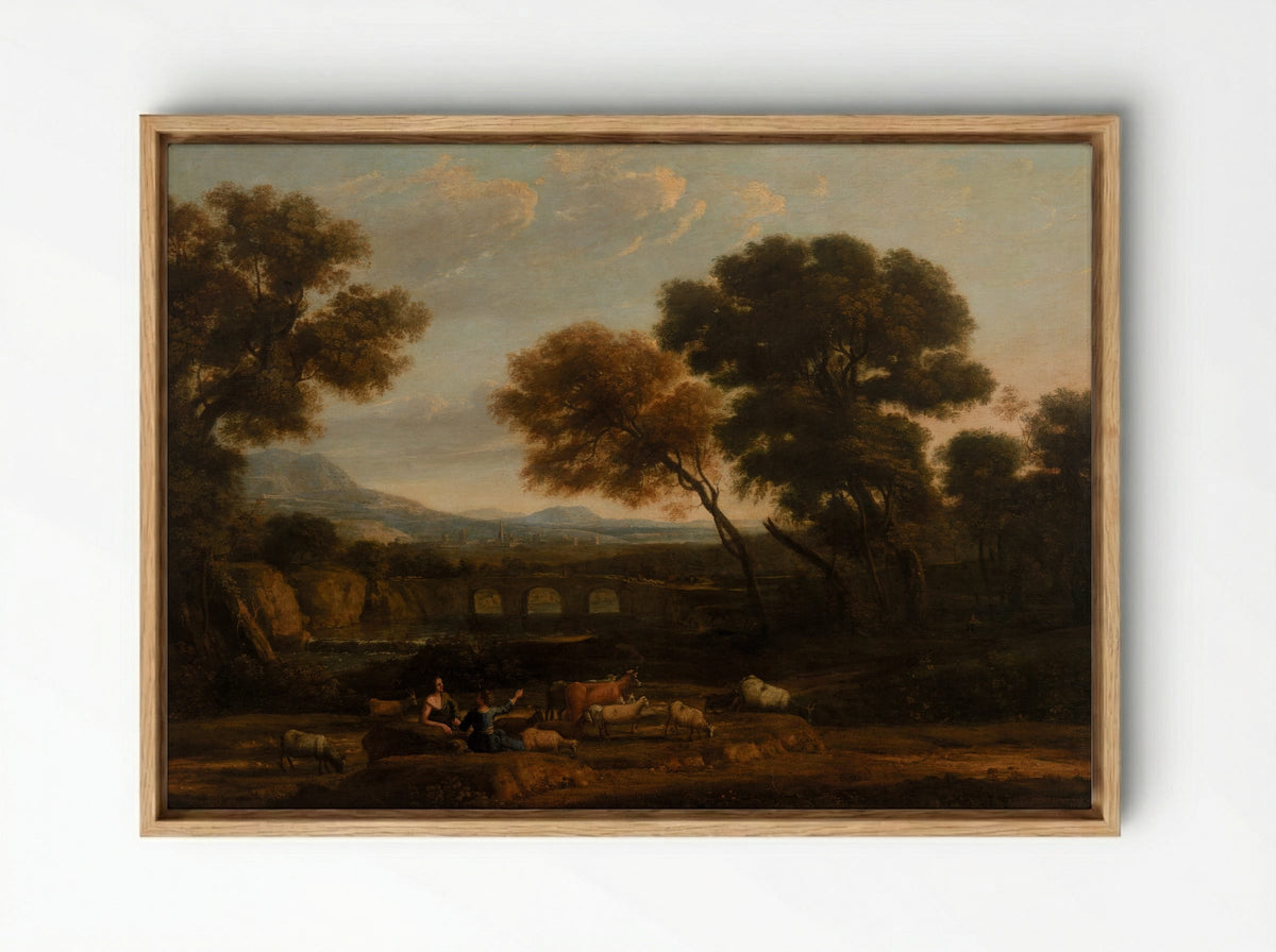Pastoral Landscape with Bridge - Claude Lorrain - Framed Canvas Wood