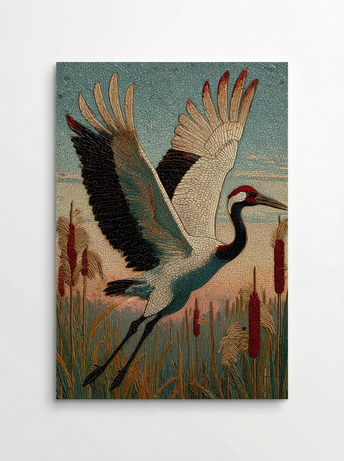 Crane over Reeds - Japanese Mosaic Print - Poster