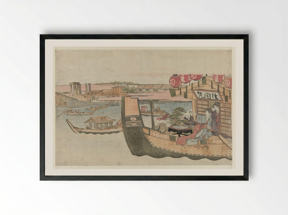Pleasure Boats on the Sumida River - Katsushika Hokusai - Framed Print Black