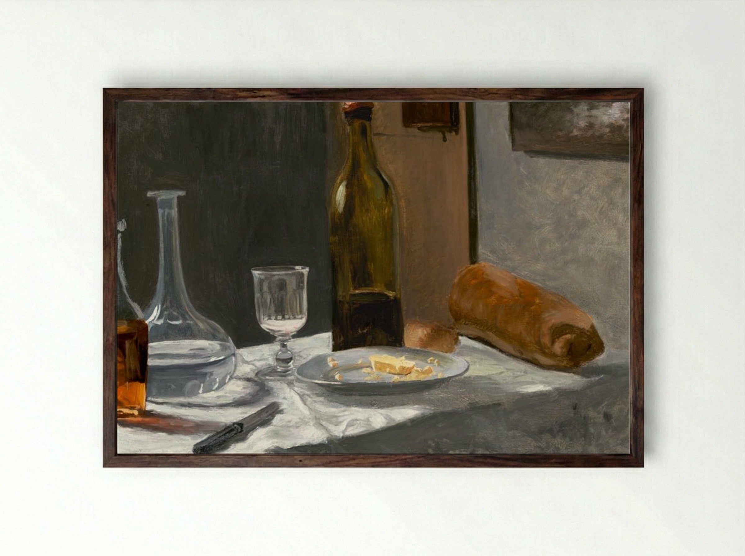 Still Life with Bottle, Carafe, Bread, and Wine - Claude Monet - Framed Print Dark Wood