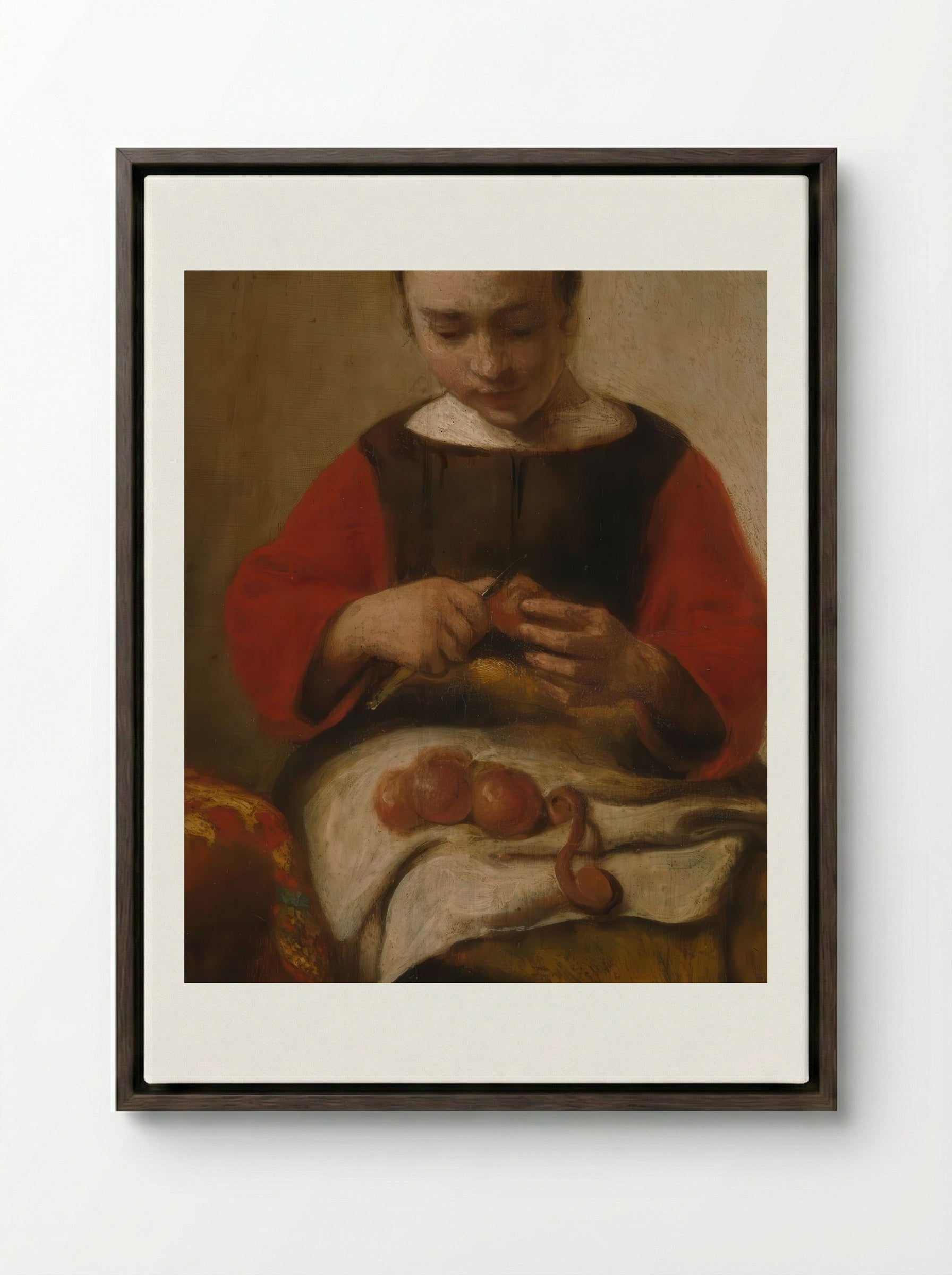 Young Woman Peeling Apples - Eglon van der Neer - Framed Canvas Dark Wood