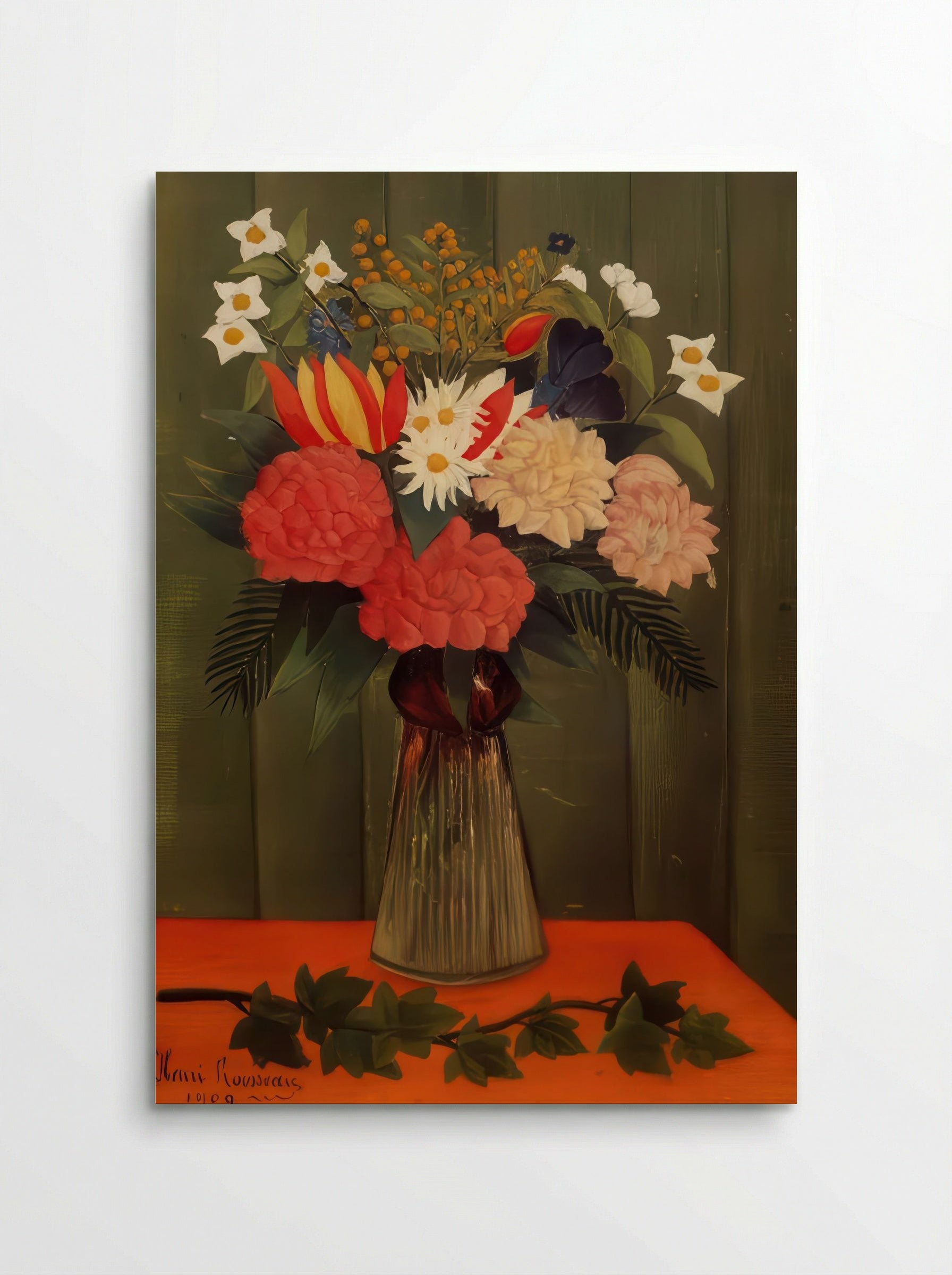 Bouquet of Flowers with Ivy Branch by Henri Rousseau – Vintage Botanical Still Life Print - Poster