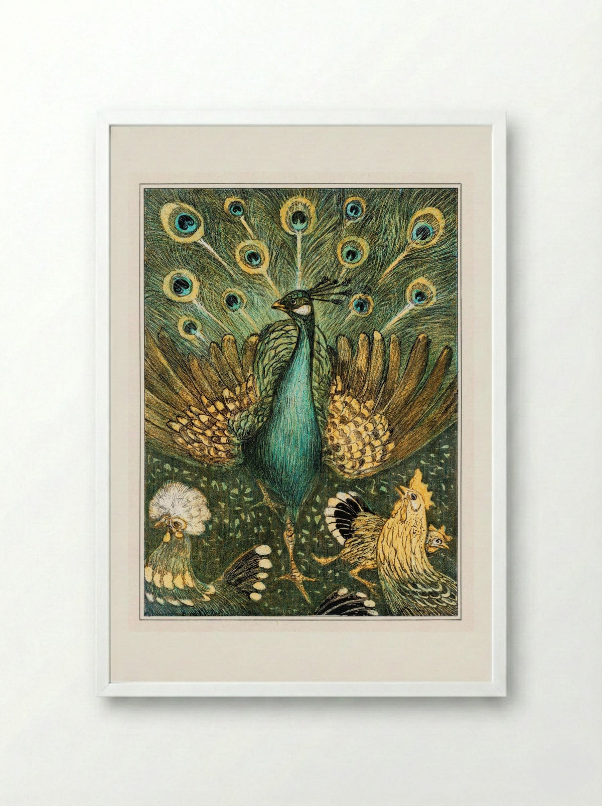 Peacock with Chickens - Theo van Hoytema - Framed Print White
