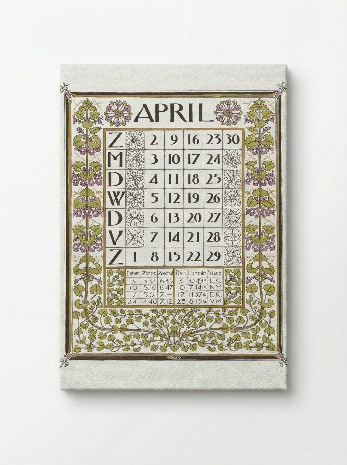 Calendar for April 1899 - Gerrit Willem Dijsselhof - Canvas